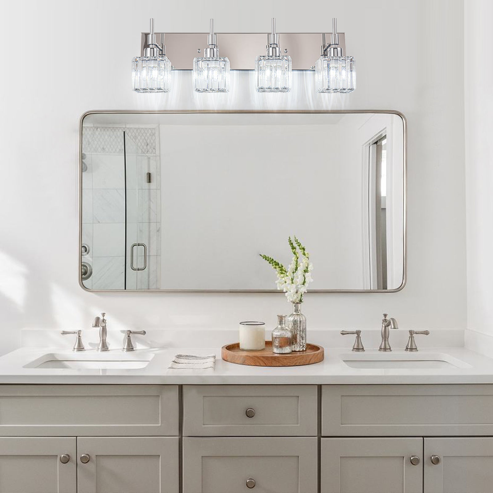 Glowlings 4-Light Dimmable Pole Square Crystal Bath Vanity Light for Bathroom