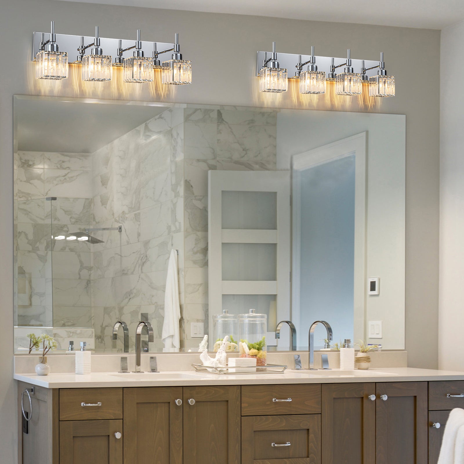 Glowlings 4-Light Dimmable Pole Square Crystal Bath Vanity Light for Bathroom
