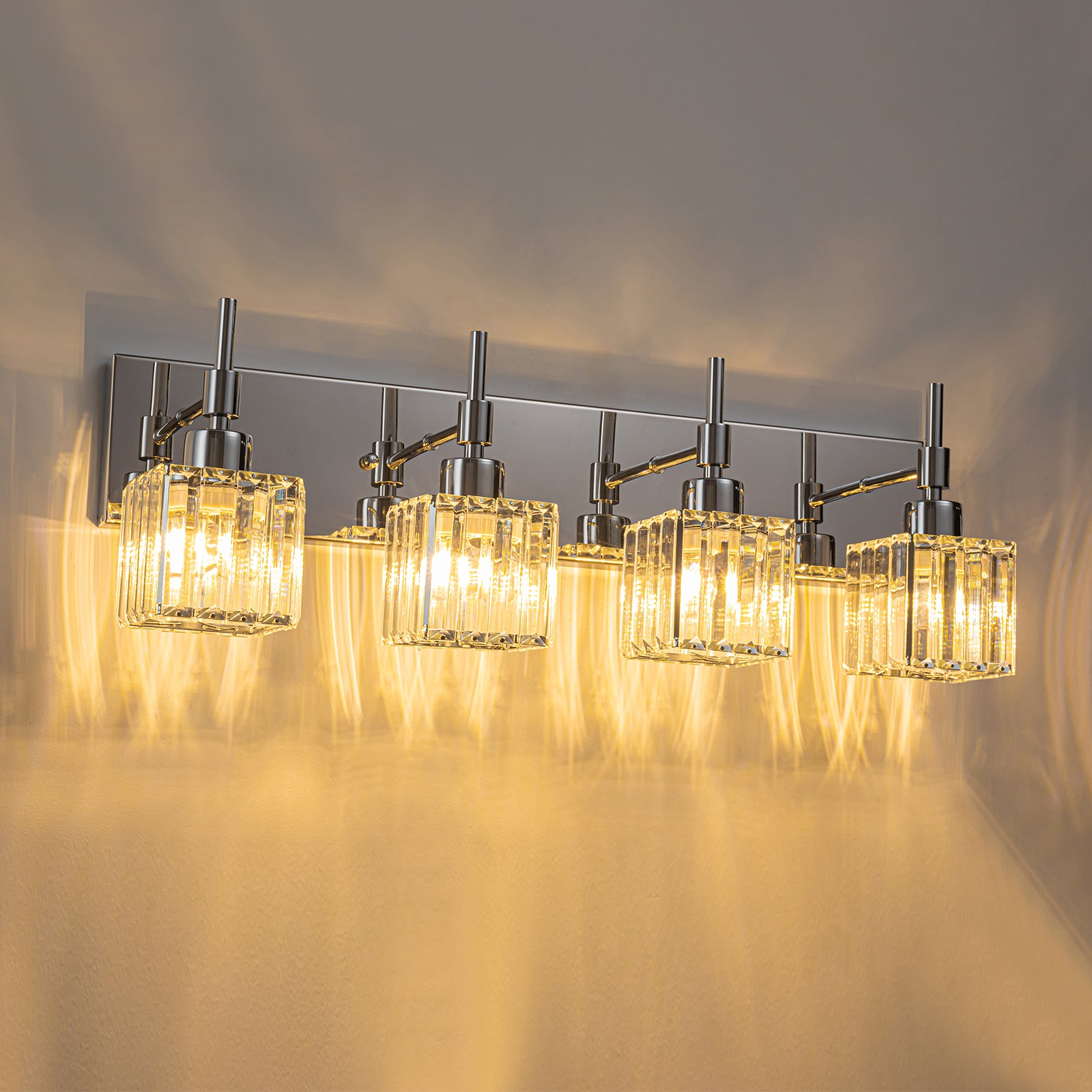 Glowlings 4-Light Dimmable Pole Square Crystal Bath Vanity Light for Bathroom