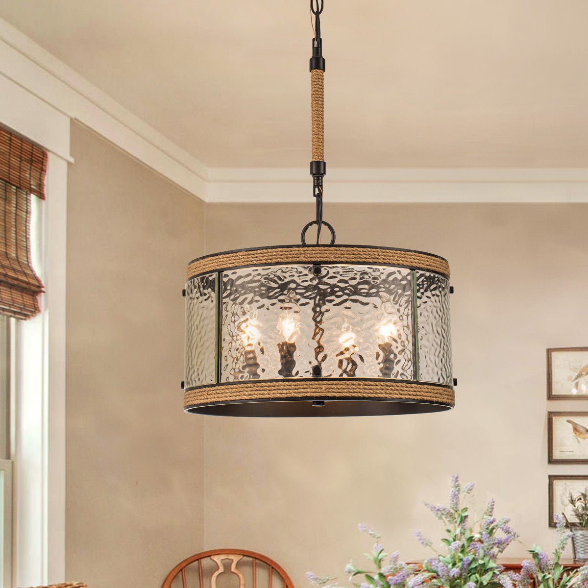 Glowlings 4-Light Farmhouse 16"Wide Drum Natural Rope Clear Hammered Glass Chandelier