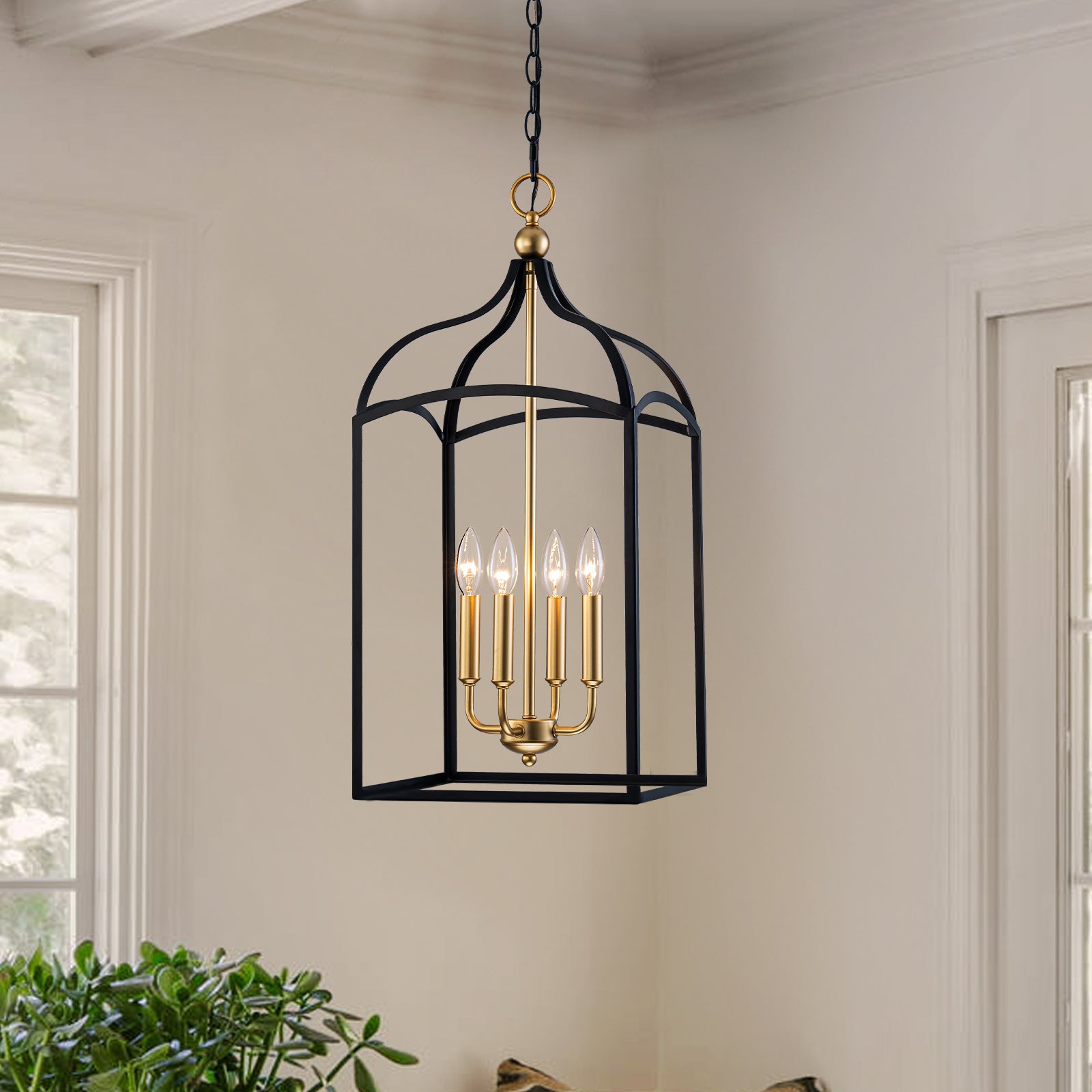 Glowlings 4-Light Farmhouse Black&Gold Lantern Chandelier Island Light