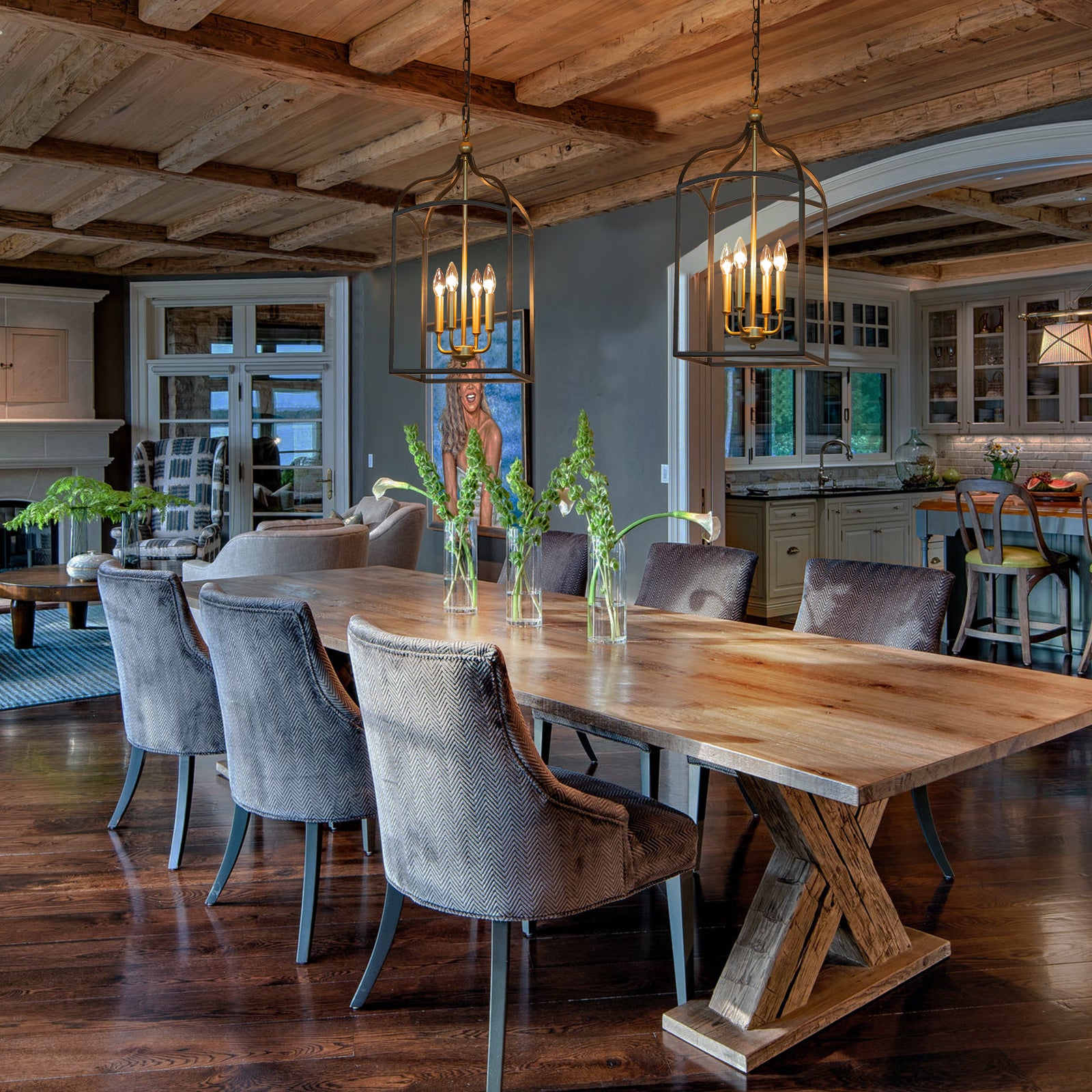 Glowlings 4-Light Farmhouse Black&Gold Lantern Chandelier Island Light