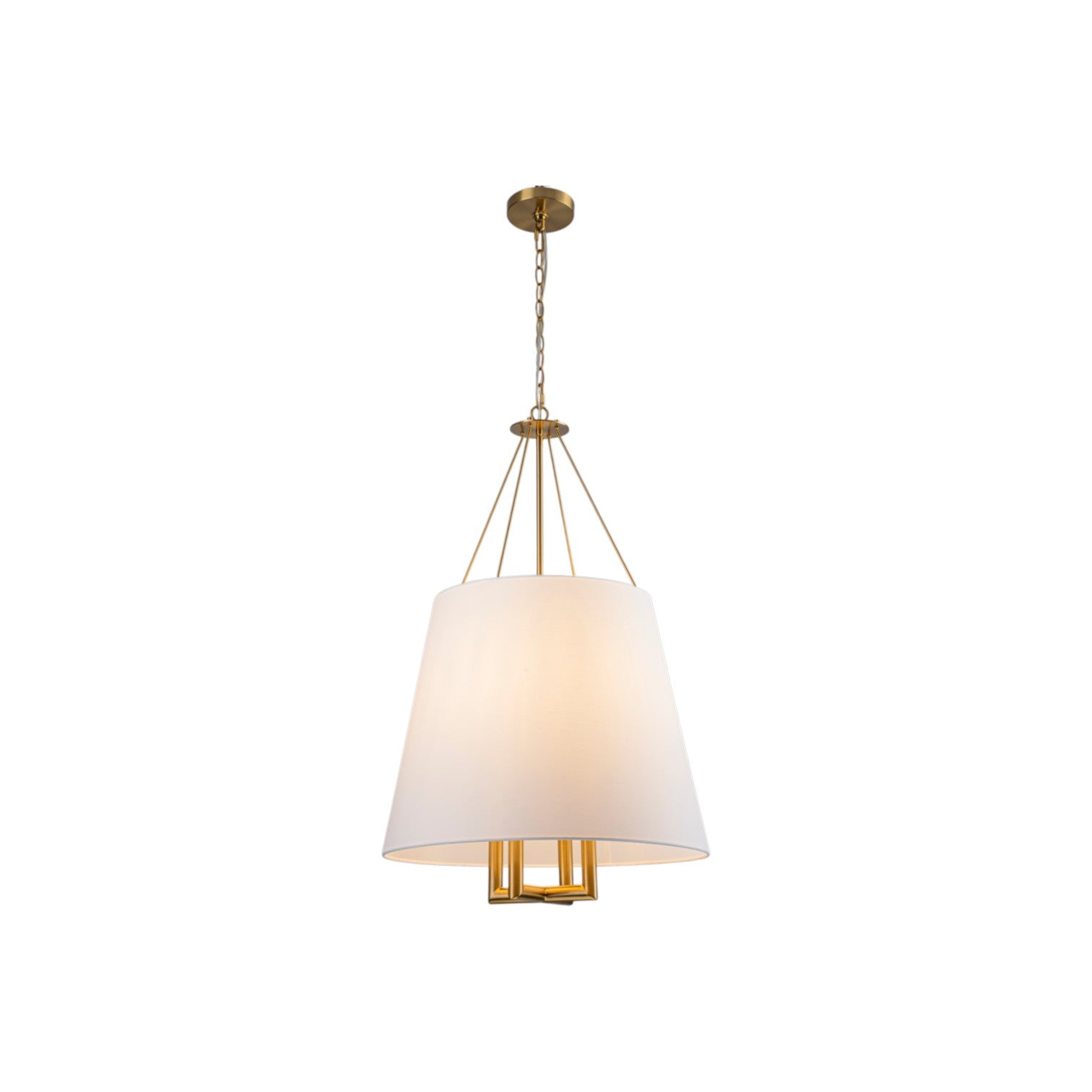 Glowlings 4-Light Farmhouse Large Brushed Brass Tapered Chandelier with White Fabric Shade