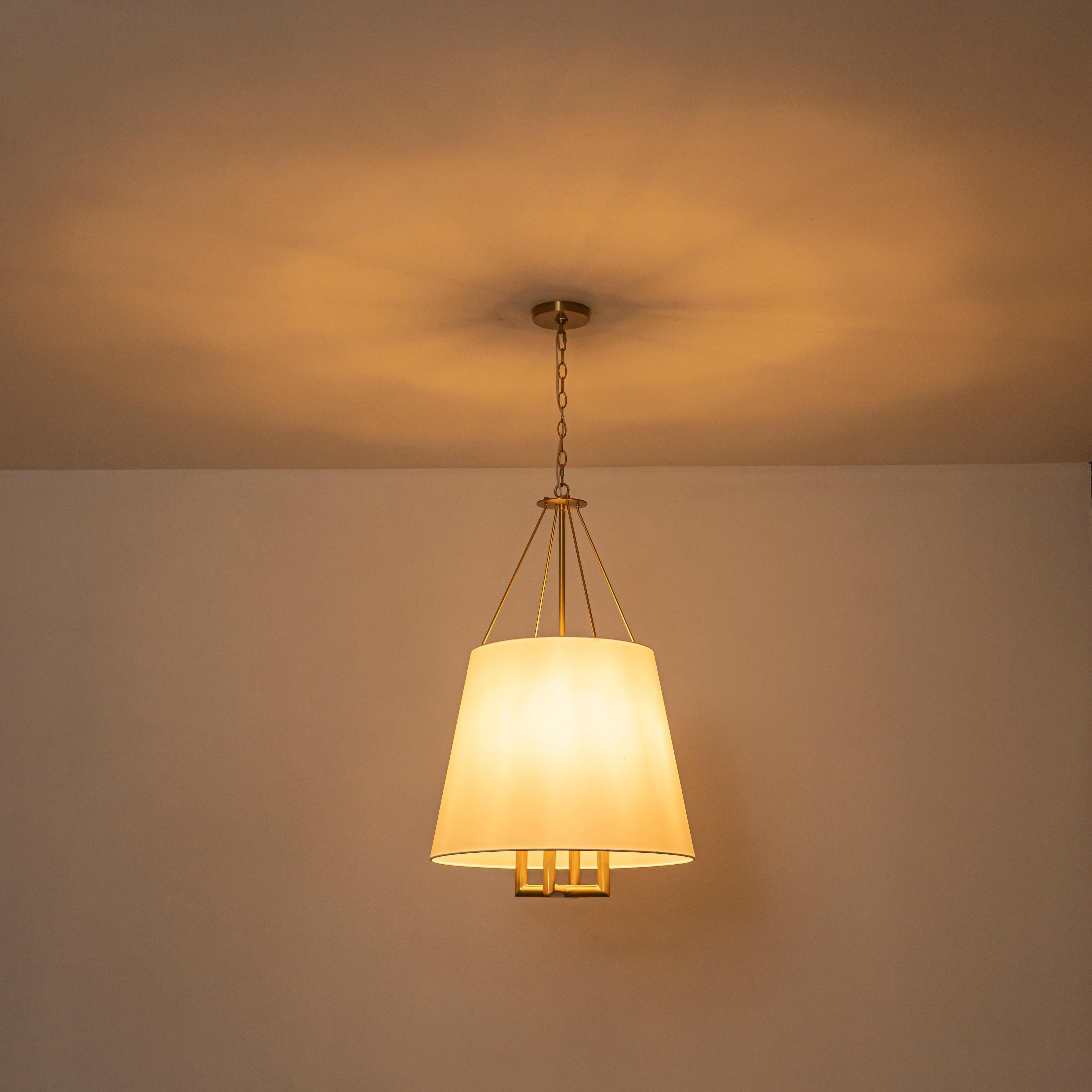 Glowlings 4-Light Farmhouse Large Brushed Brass Tapered Chandelier with White Fabric Shade