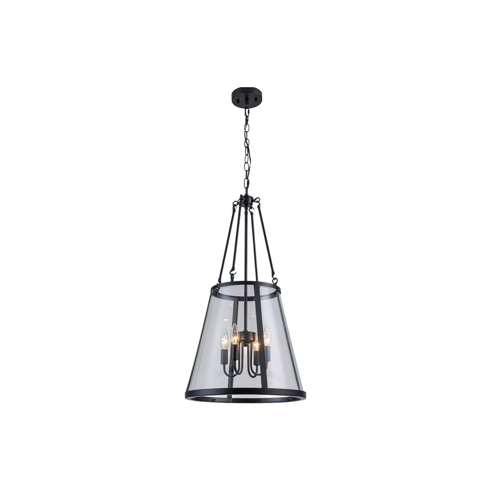 Glowlings 4-Light Farmhouse Matte Black Lantern Tapered Clear Glass Chandelier