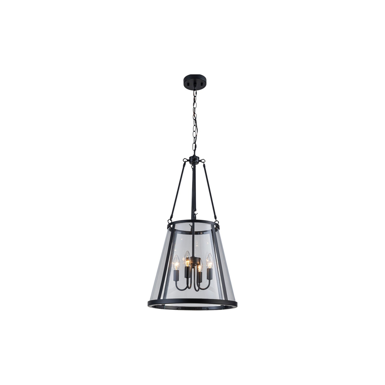 Glowlings 4-Light Farmhouse Matte Black Lantern Tapered Clear Glass Chandelier