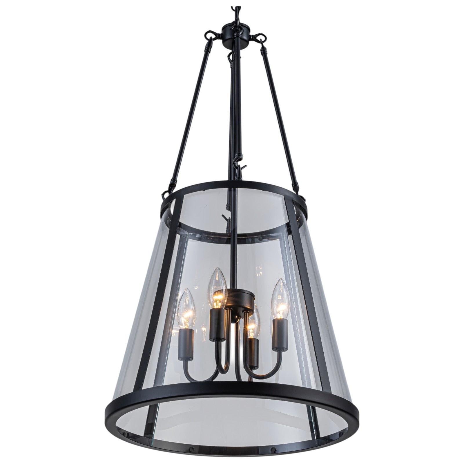 Glowlings 4-Light Farmhouse Matte Black Lantern Tapered Clear Glass Chandelier