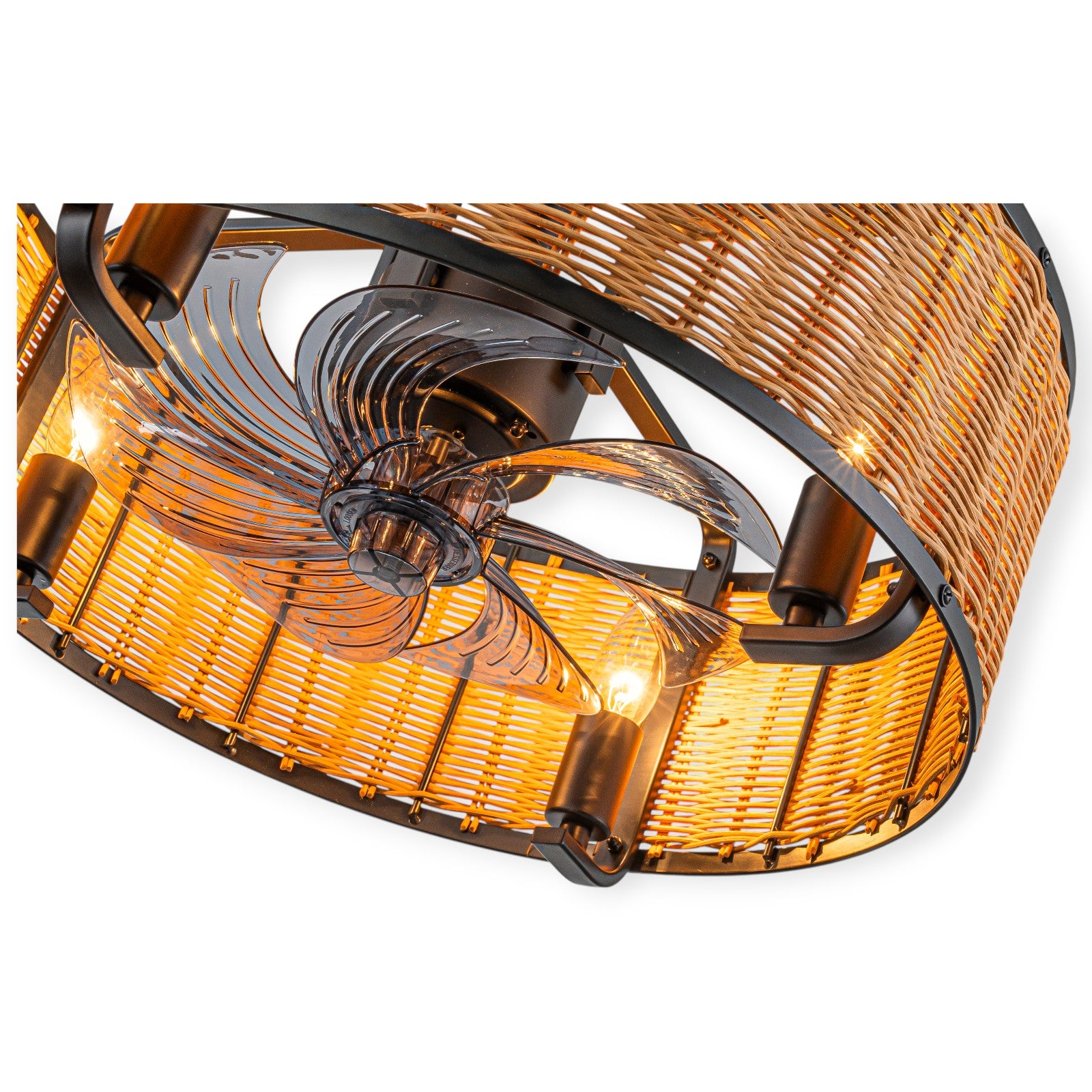 Glowlings 4-Light Farmhouse Rustic 19"Wide Hand-woven Rattan Drum Indoor Ceiling Fan with Light Remote Control