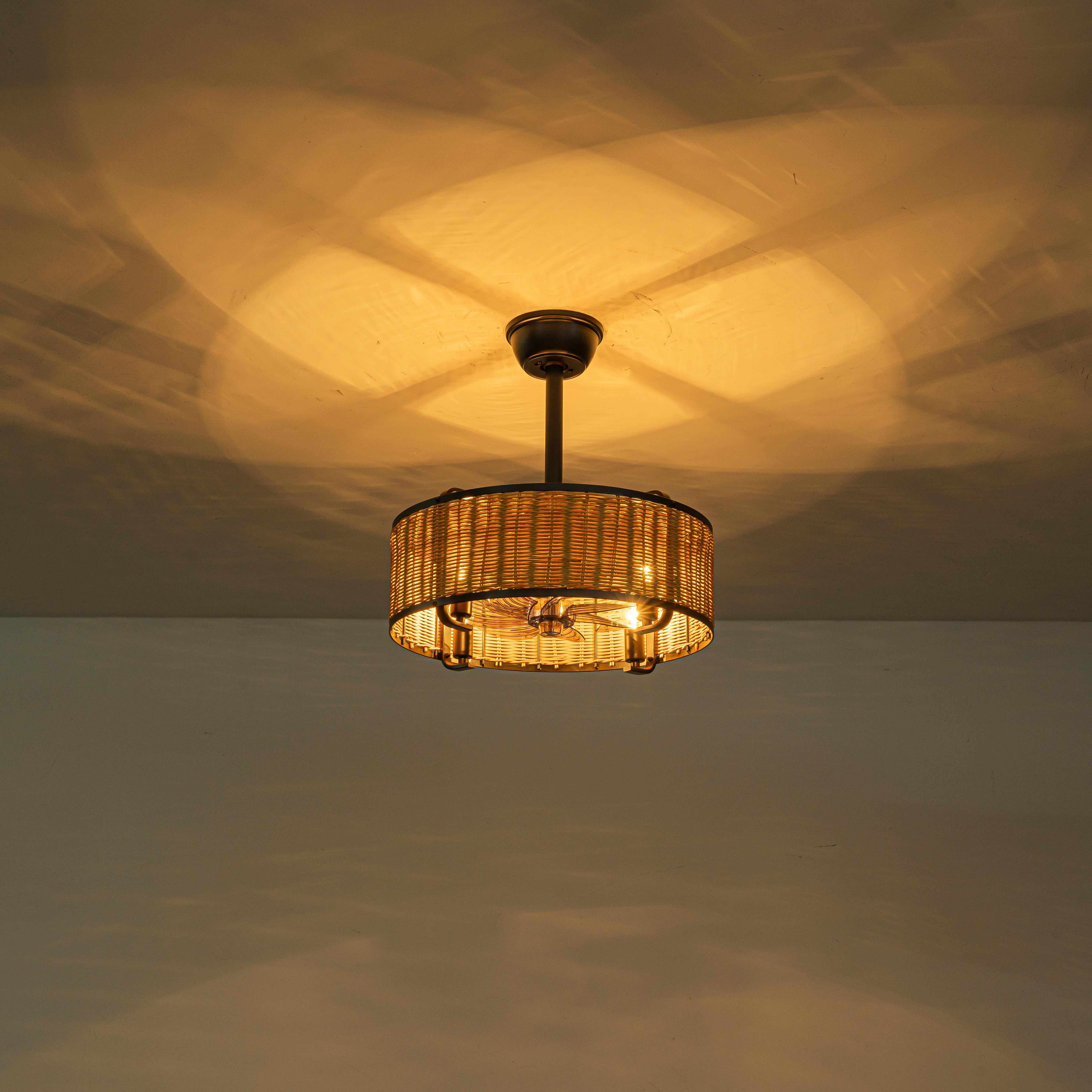 Glowlings 4-Light Farmhouse Rustic 19"Wide Hand-woven Rattan Drum Indoor Ceiling Fan with Light Remote Control
