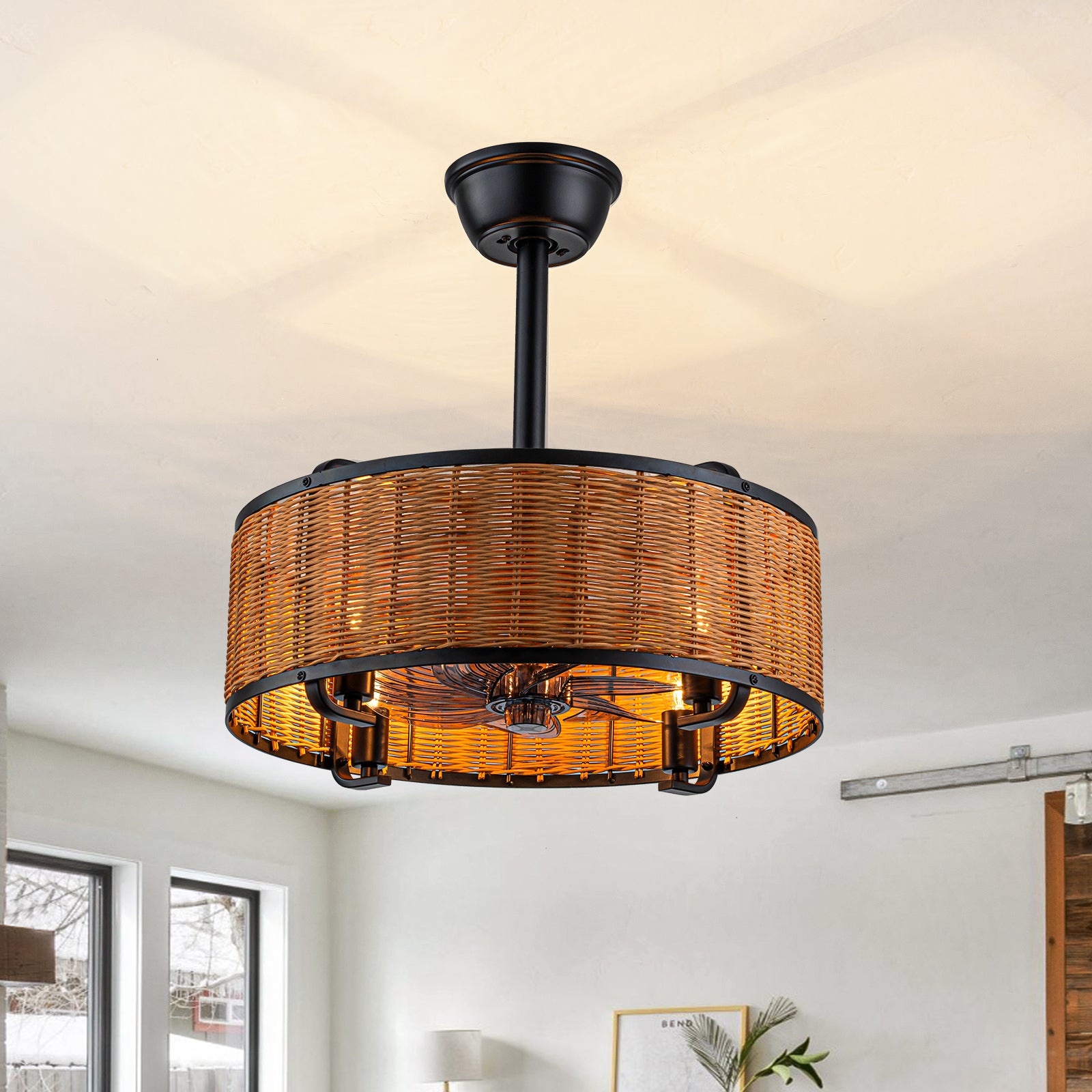 Glowlings 4-Light Farmhouse Rustic 19"Wide Hand-woven Rattan Drum Indoor Ceiling Fan with Light Remote Control