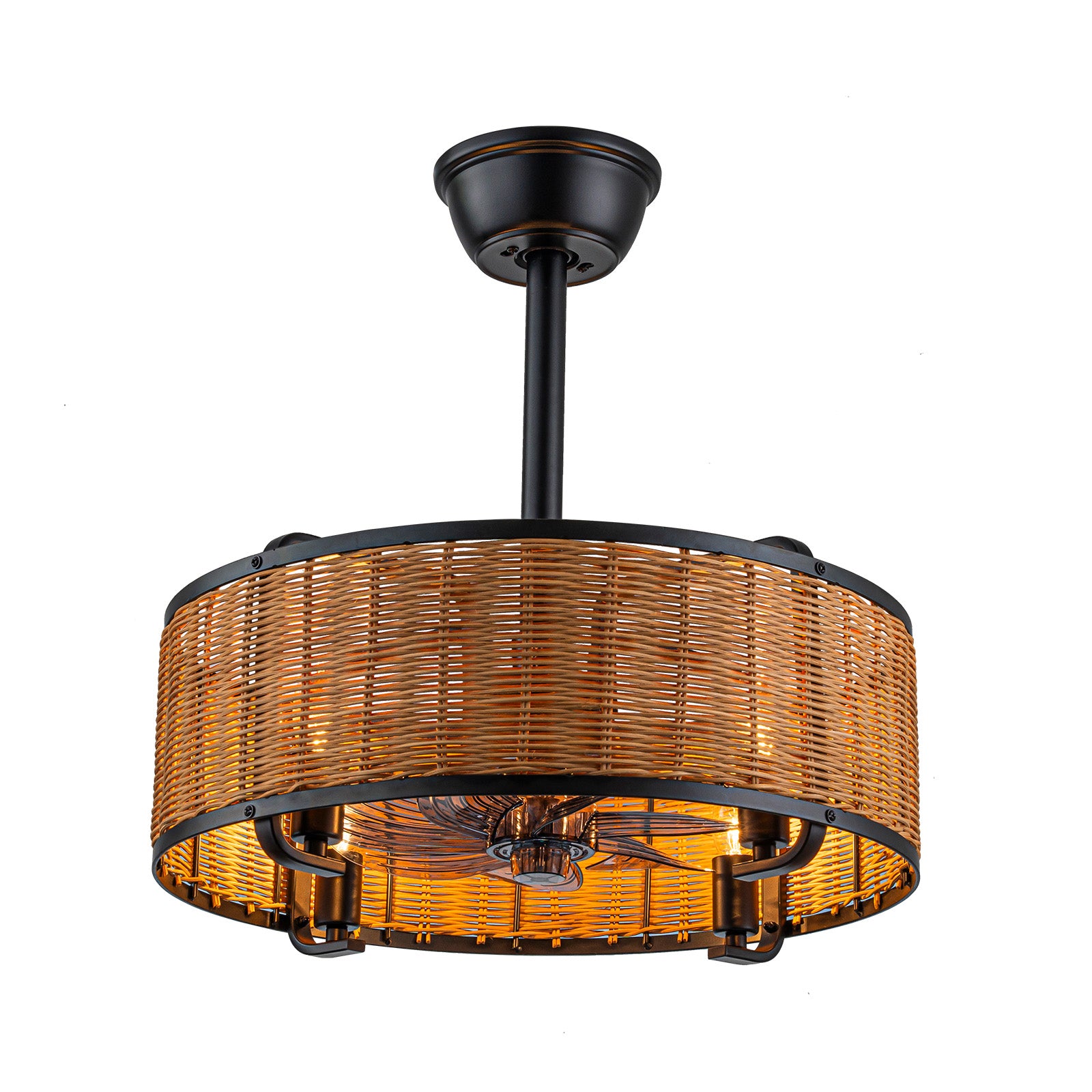 Glowlings 4-Light Farmhouse Rustic 19"Wide Hand-woven Rattan Drum Indoor Ceiling Fan with Light Remote Control