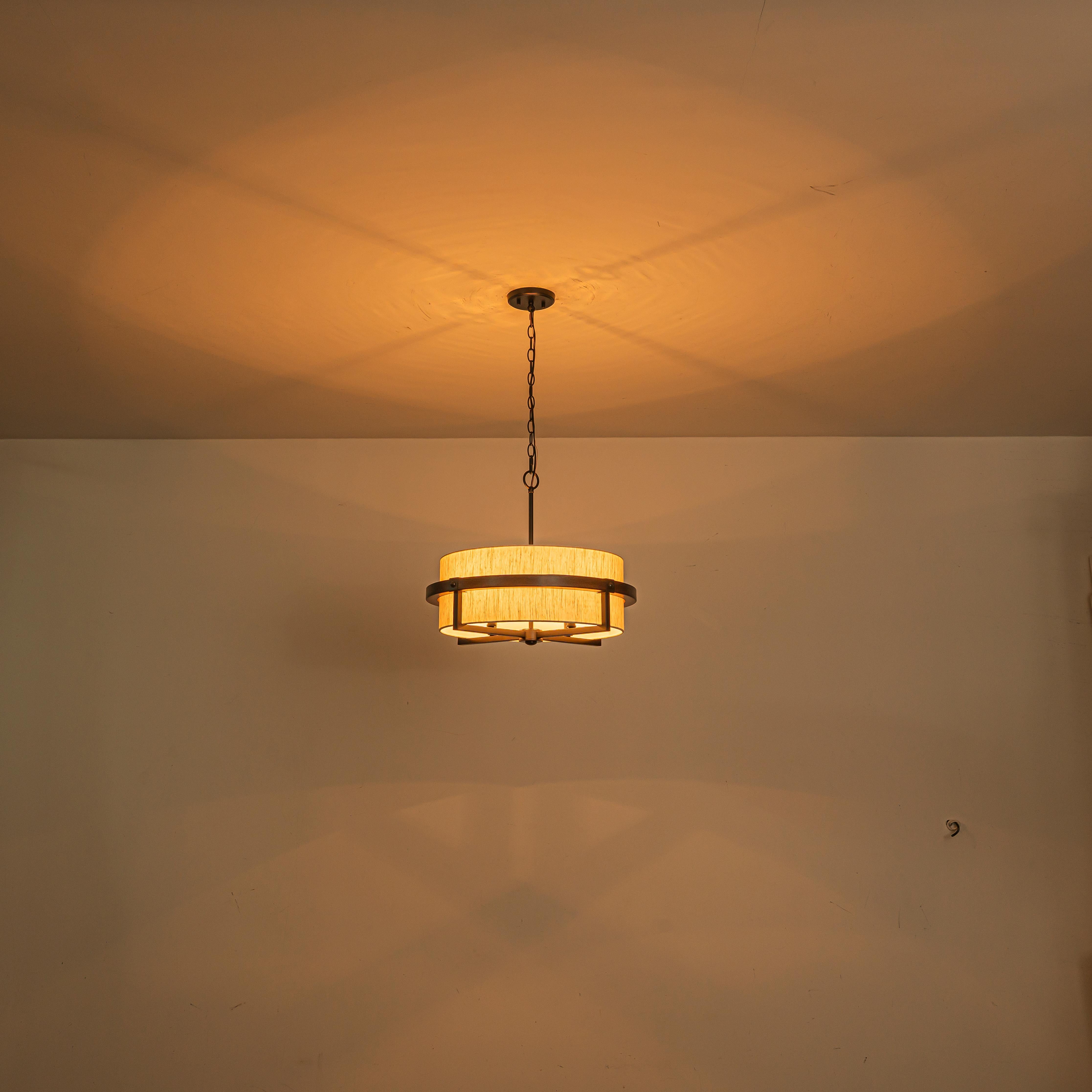 Glowlings 4-Light Farmhouse Wood Oatmeal Linen Fabric Shade Drum Chandelier Island Light