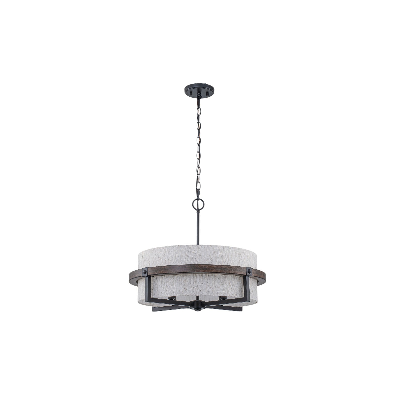 Glowlings 4-Light Farmhouse Wood Oatmeal Linen Fabric Shade Drum Chandelier Island Light