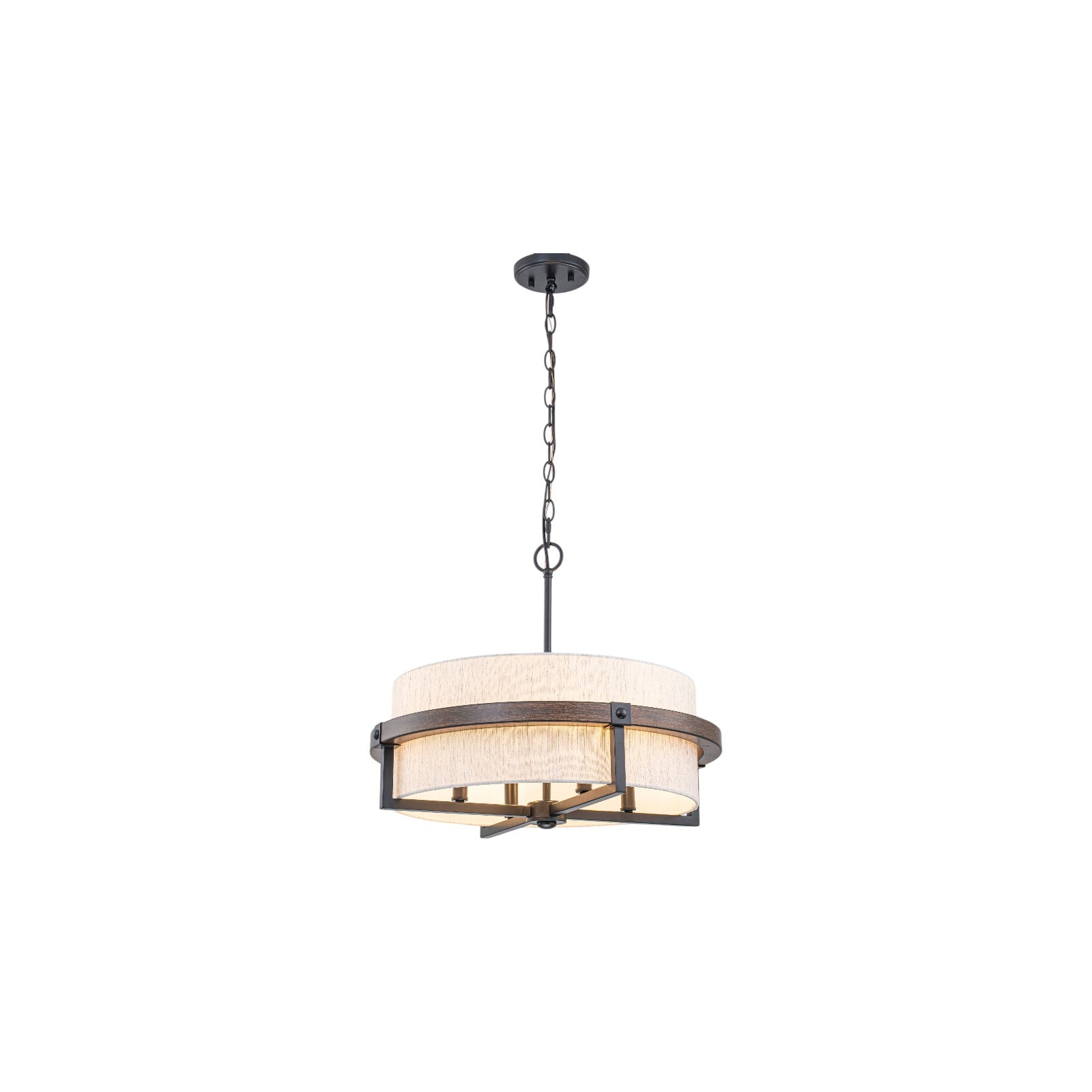 Glowlings 4-Light Farmhouse Wood Oatmeal Linen Fabric Shade Drum Chandelier Island Light