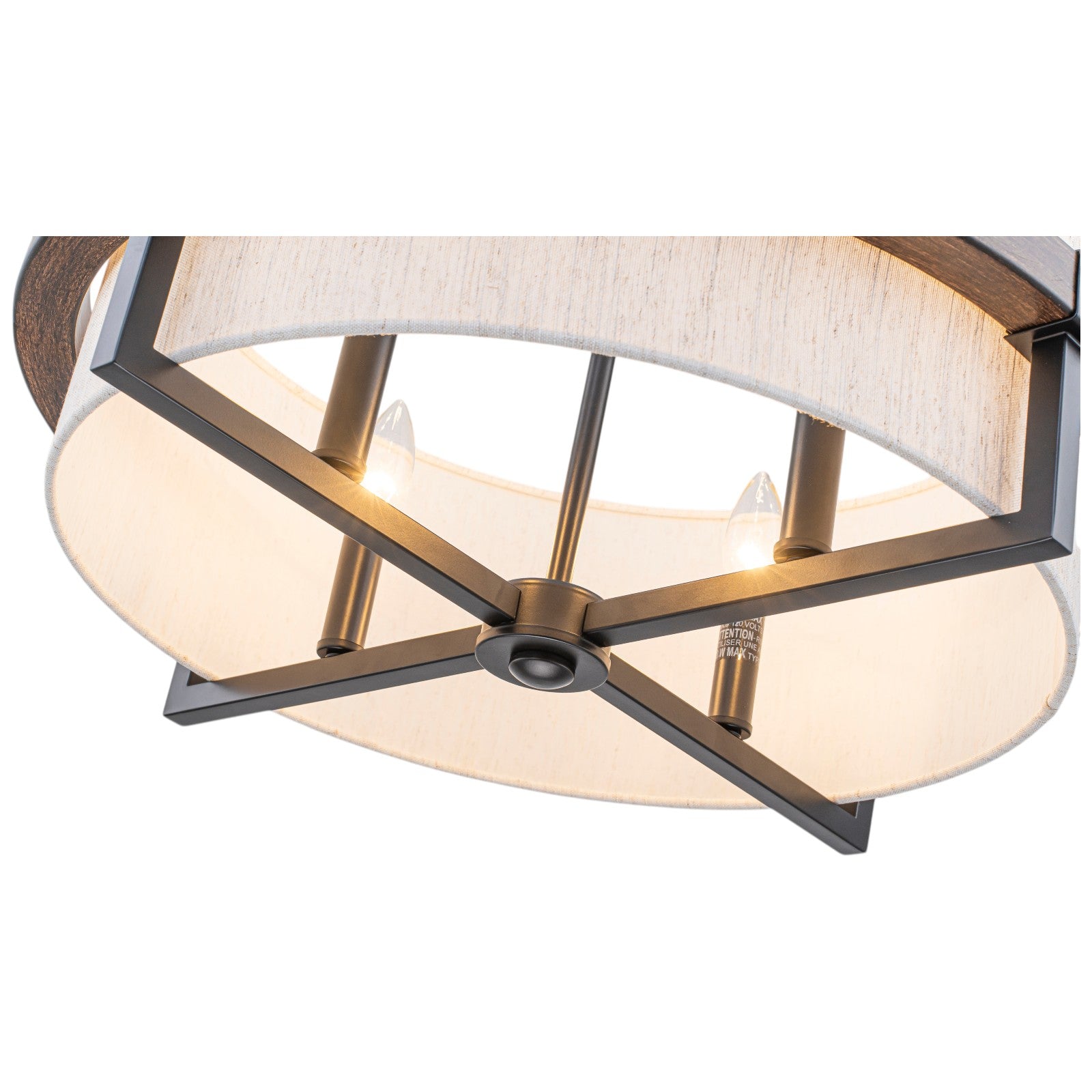 Glowlings 4-Light Farmhouse Wood Oatmeal Linen Fabric Shade Drum Chandelier Island Light