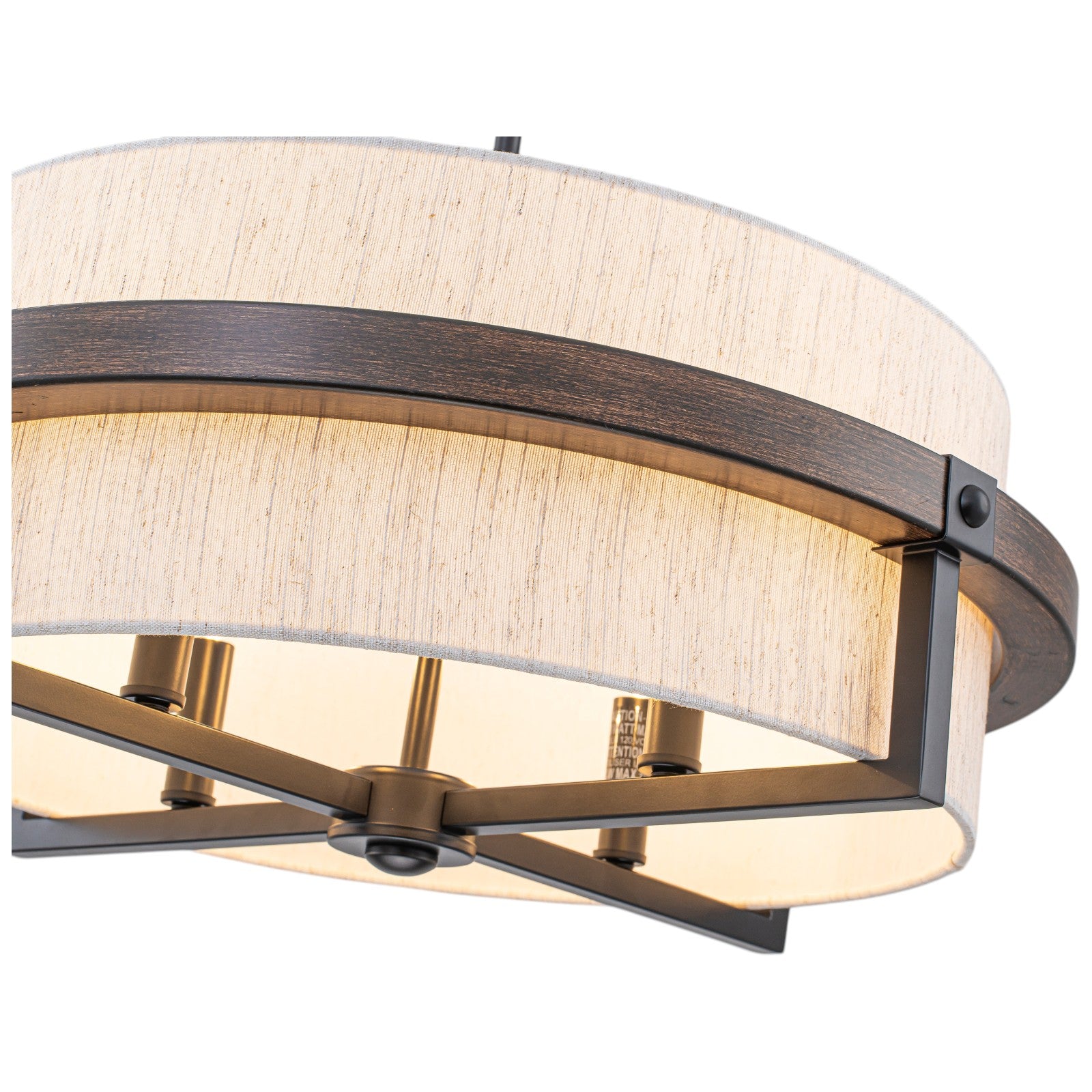 Glowlings 4-Light Farmhouse Wood Oatmeal Linen Fabric Shade Drum Chandelier Island Light