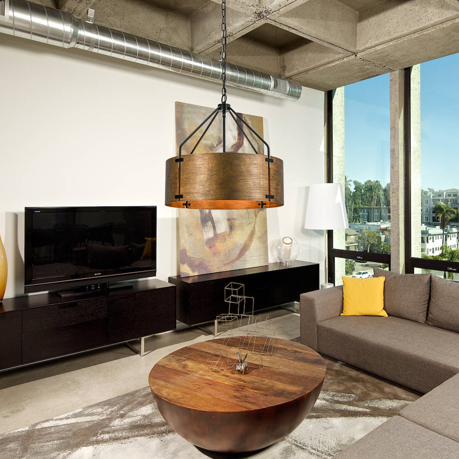 Glowlings 4-Light Industrial 22"Wide Large Rustic Bronze Metal Drum Pendant Light