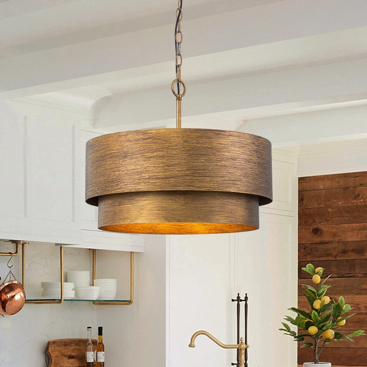 Glowlings 4-Light Industrial 2-Tiered Brushed Brass Metal Drum Chandelier Converts To Semi-Flush Mount