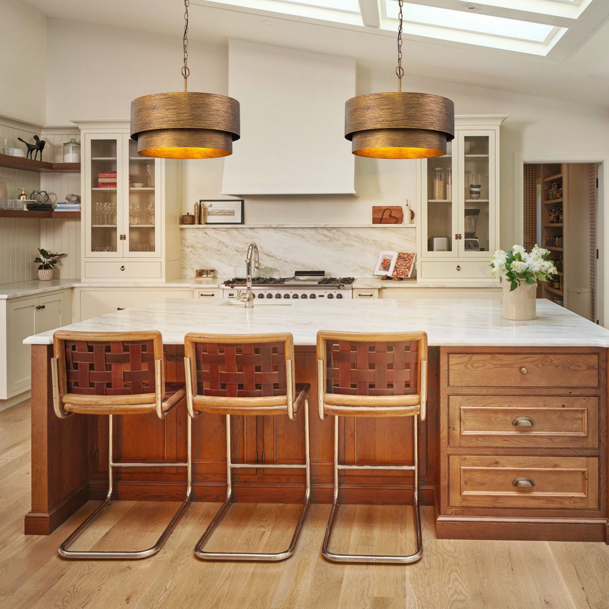 Glowlings 4-Light Industrial 2-Tiered Brushed Brass Metal Drum Chandelier Converts To Semi-Flush Mount