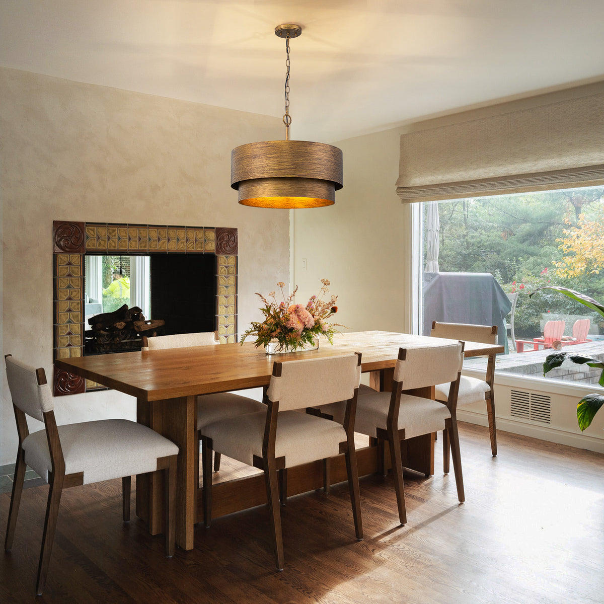 Glowlings 4-Light Industrial 2-Tiered Brushed Brass Metal Drum Chandelier Converts To Semi-Flush Mount
