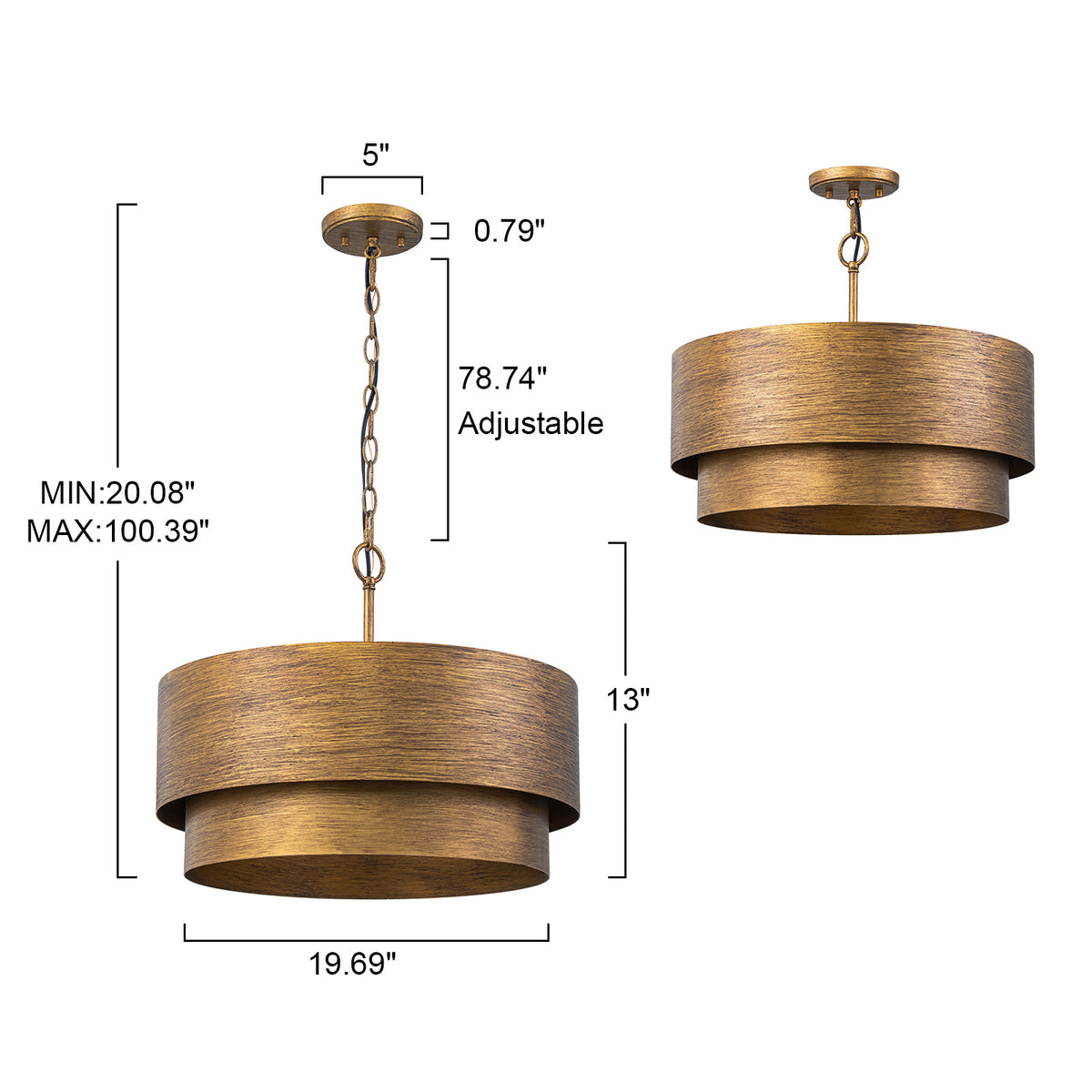 Glowlings 4-Light Industrial 2-Tiered Brushed Brass Metal Drum Chandelier Converts To Semi-Flush Mount