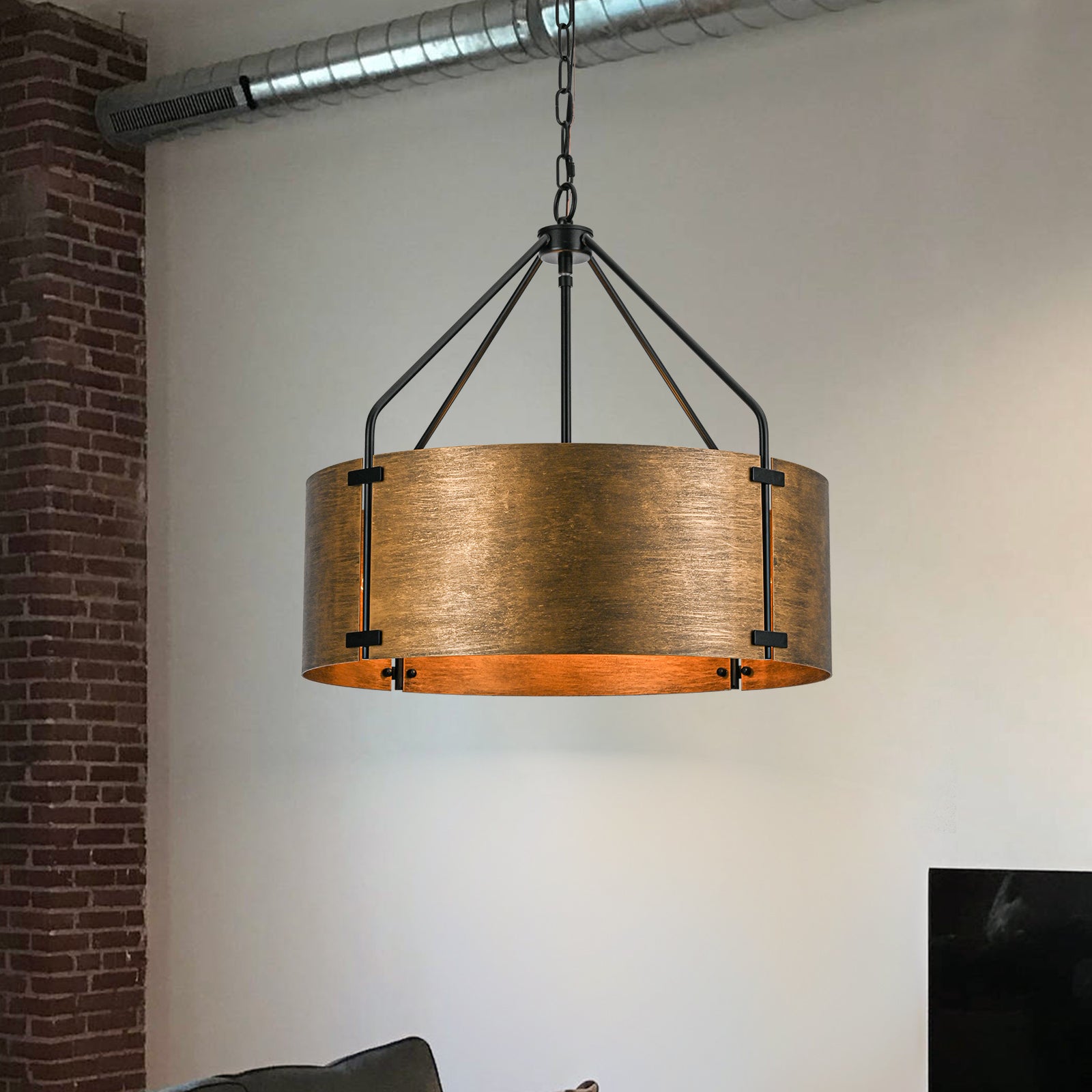 Glowlings 4-Light Industrial 22"Wide Large Rustic Bronze Metal Drum Pendant Light