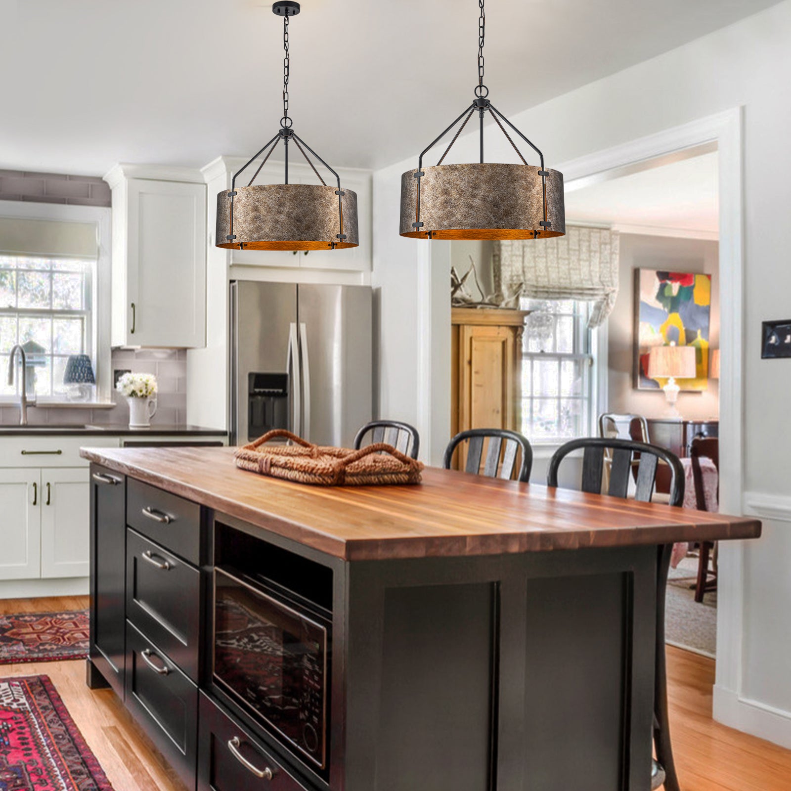 Glowlings 4-flammige industrielle Pendelleuchte, 55,9 cm breit, groß, rustikal, bronzefarben, Metall, Trommelform