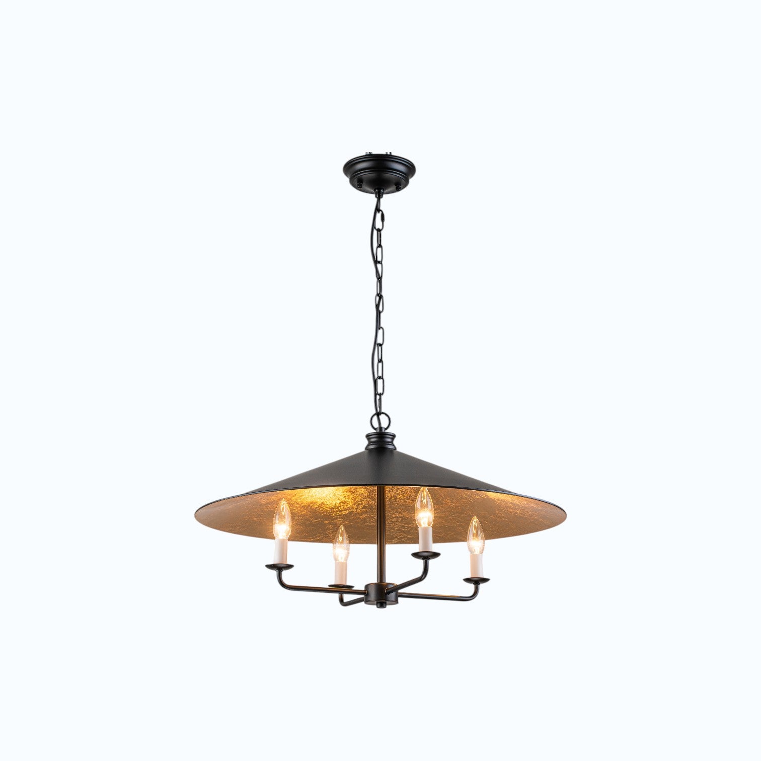 Glowlings 4-Light Industrial Rustic Black Metal Dome Chandelier with Gold Interior Island Pendant Light