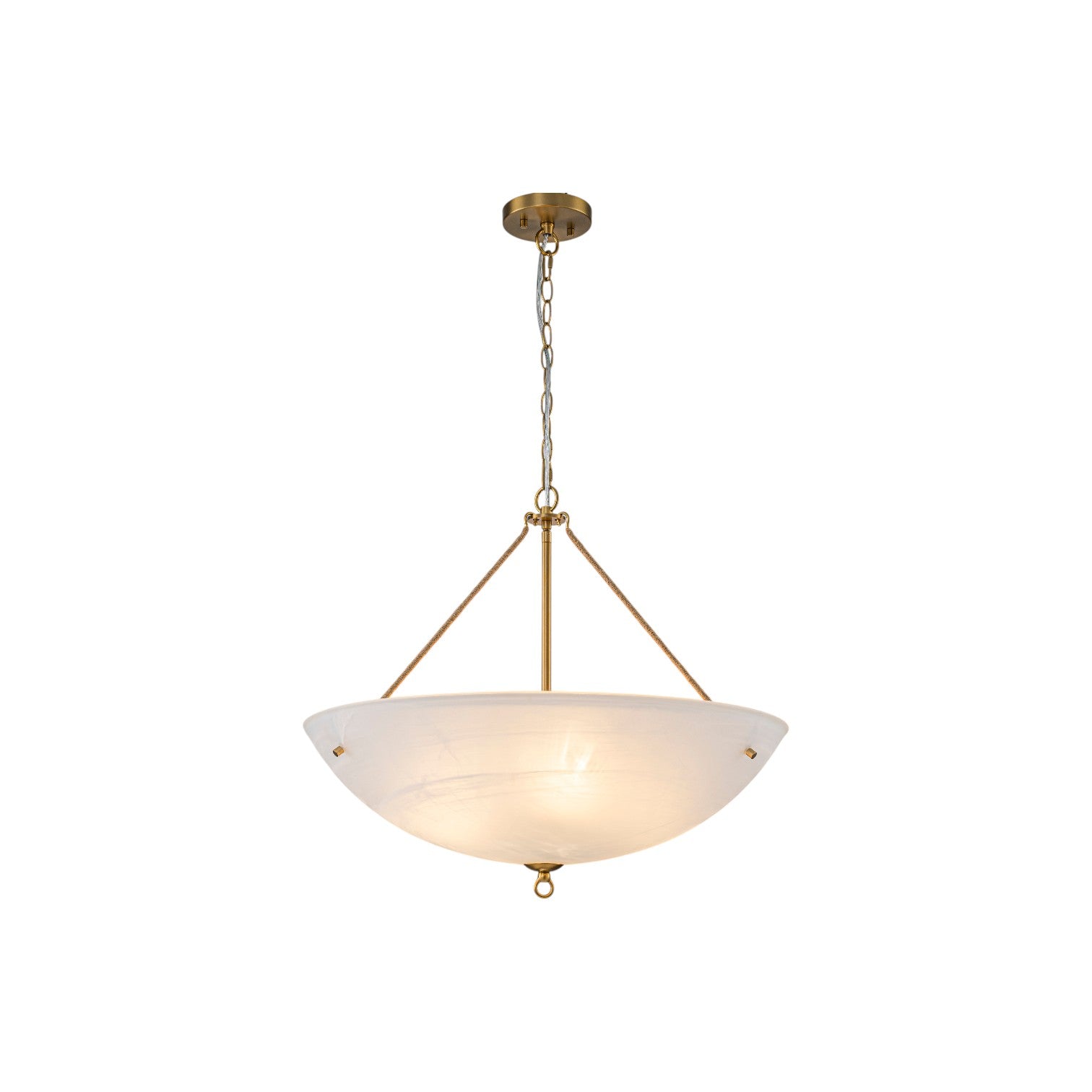 Glowlings 4-Light Mid-Century 24"Wide Large Brushed Brass Bowl Faux Alabaster Glass Chandelier with Rope Accents