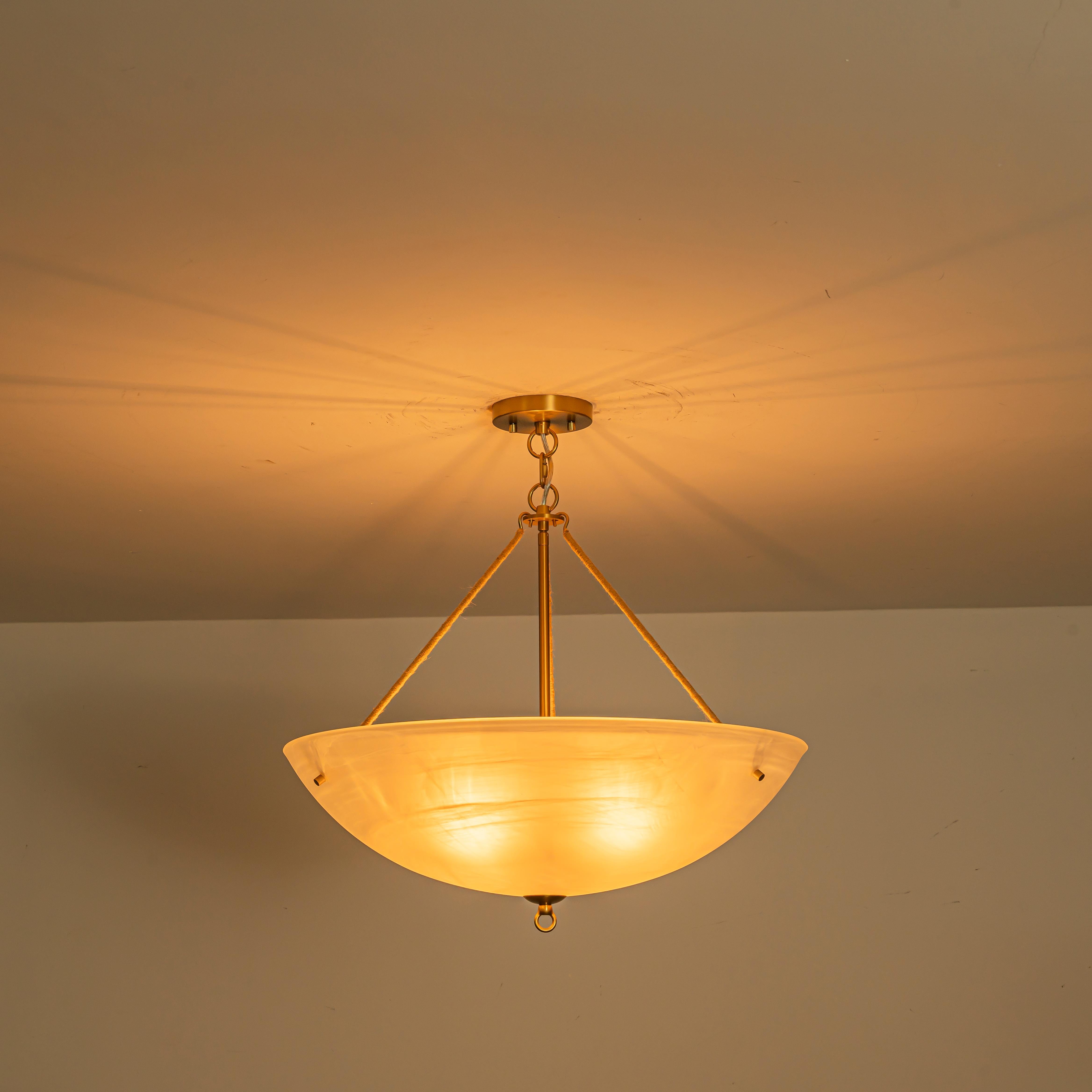 Glowlings 4-Light Mid-Century 24"Wide Large Brushed Brass Bowl Faux Alabaster Glass Chandelier with Rope Accents