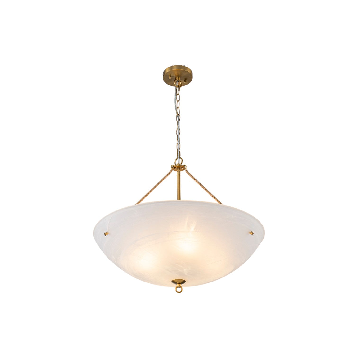Glowlings 4-Light Mid-Century 24"Wide Large Brushed Brass Bowl Faux Alabaster Glass Chandelier with Rope Accents