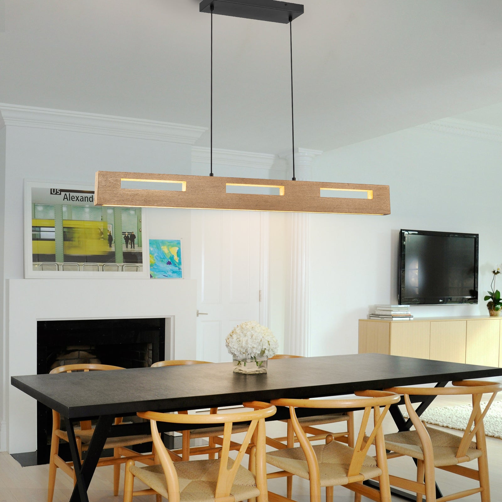 Glowlings 4-Light Modern 41"Wide Rectangle Pine Linear LED Wooden Pendant Light
