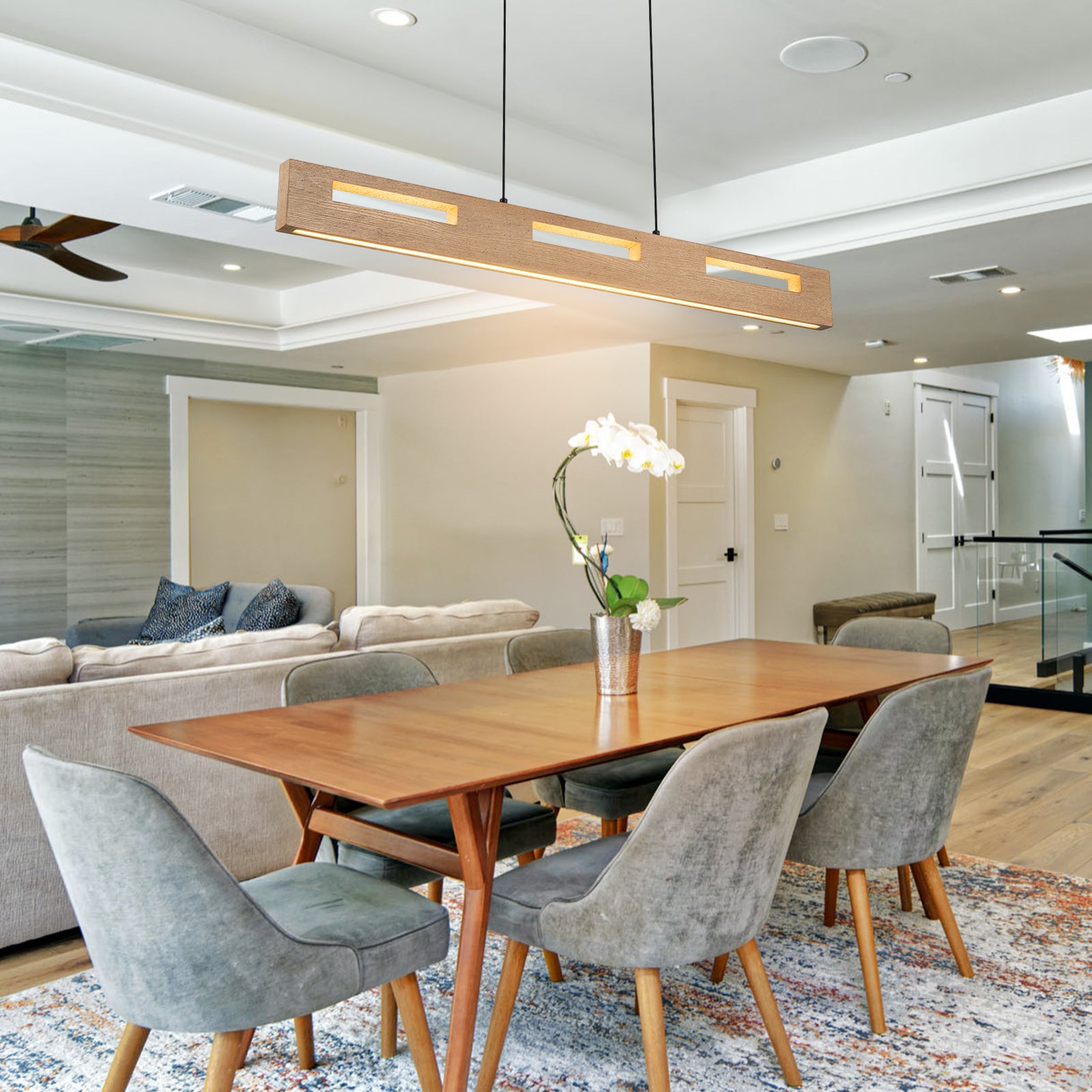 Glowlings 4-Light Modern 41"Wide Rectangle Pine Linear LED Wooden Pendant Light