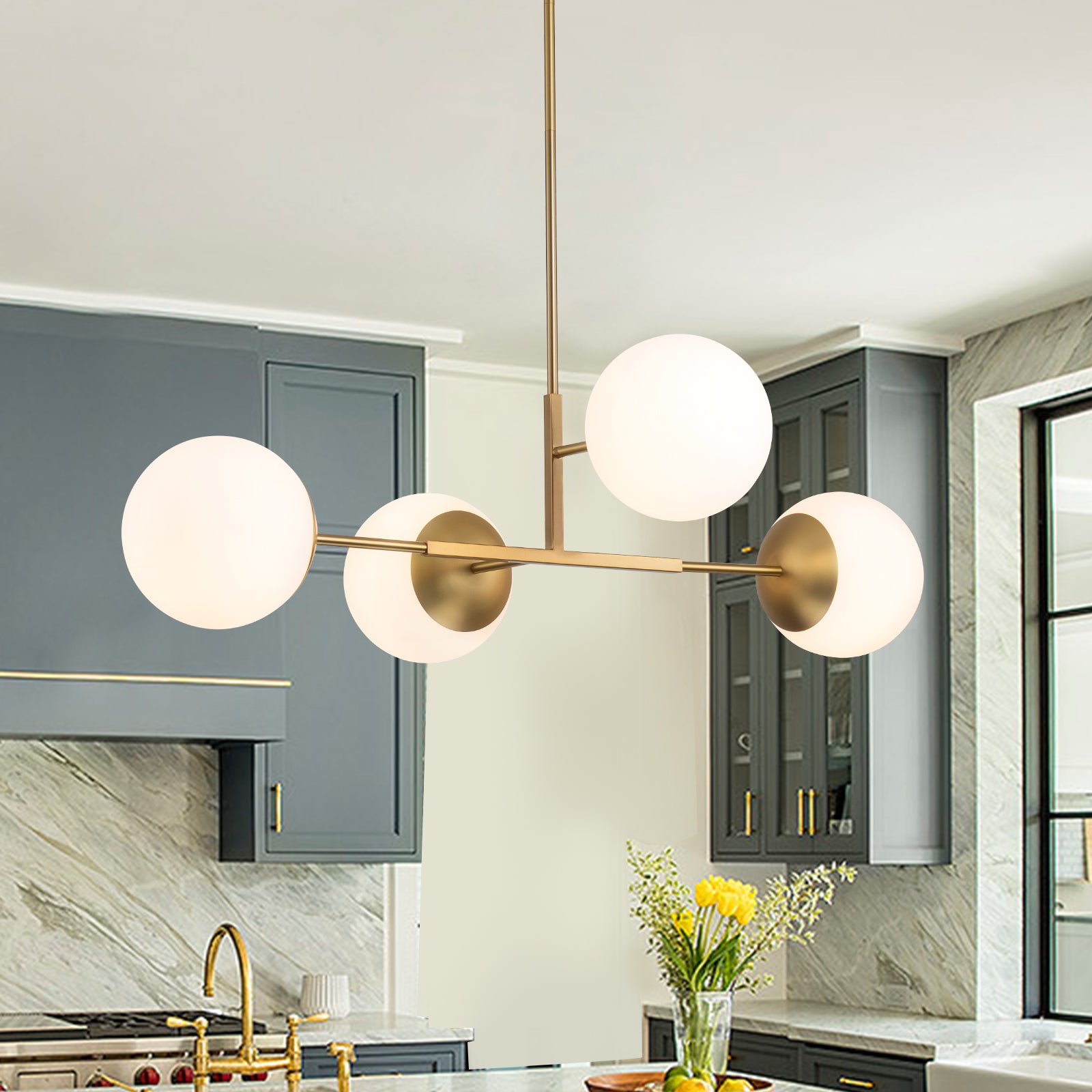 Glowlings 4-Light Modern 43"Wide Large Opal Glass Globe Brass Linear Pendant Light