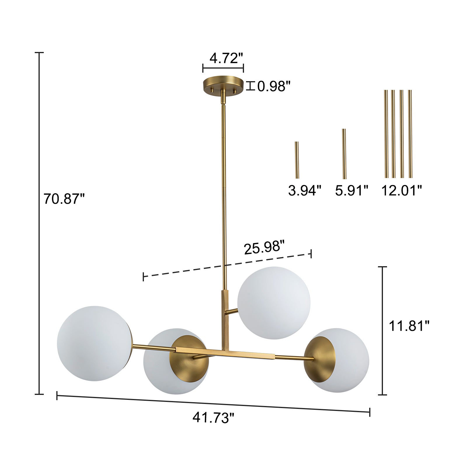 Glowlings 4-Light Modern 43"Wide Large Opal Glass Globe Brass Linear Pendant Light