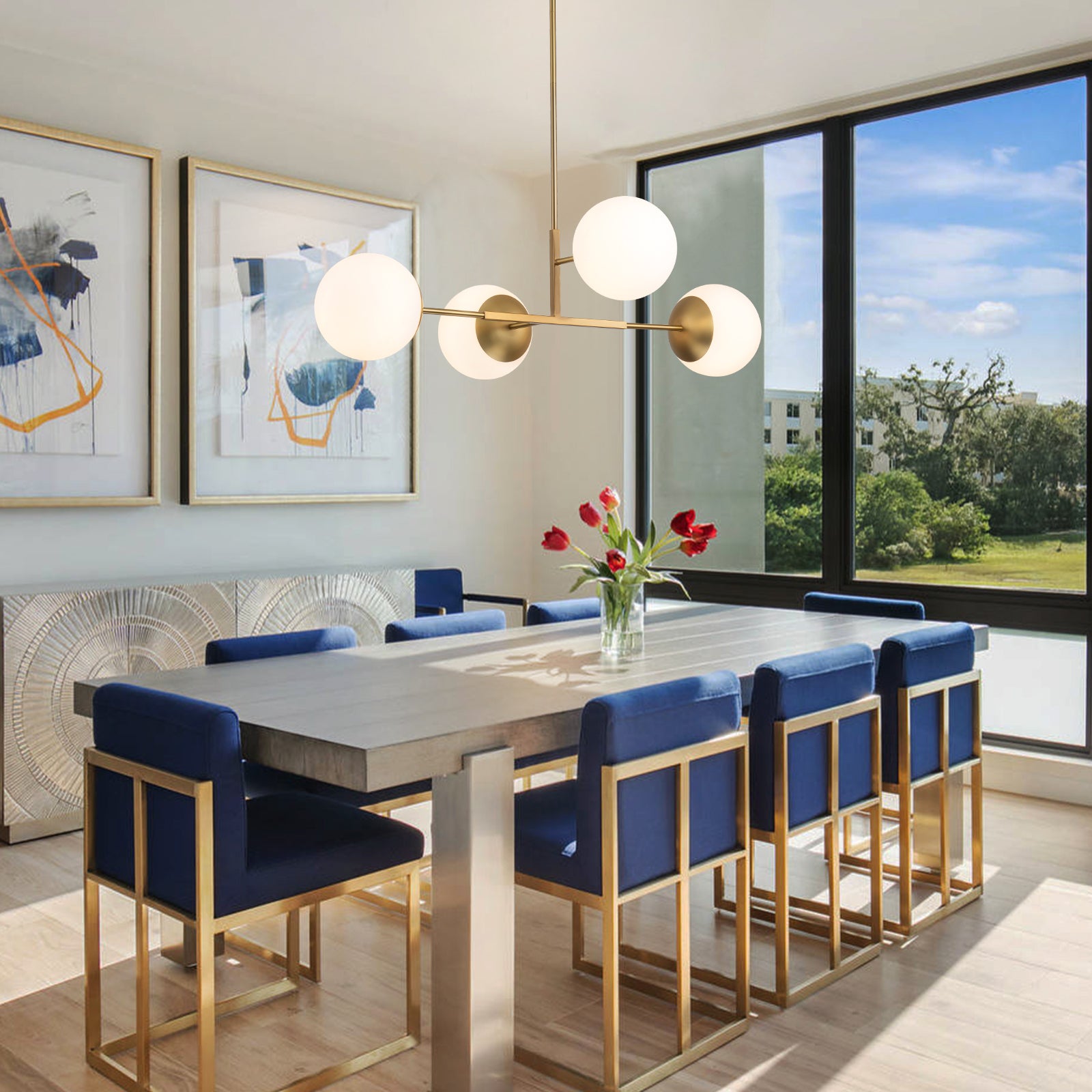Glowlings 4-Light Modern 43"Wide Large Opal Glass Globe Brass Linear Pendant Light