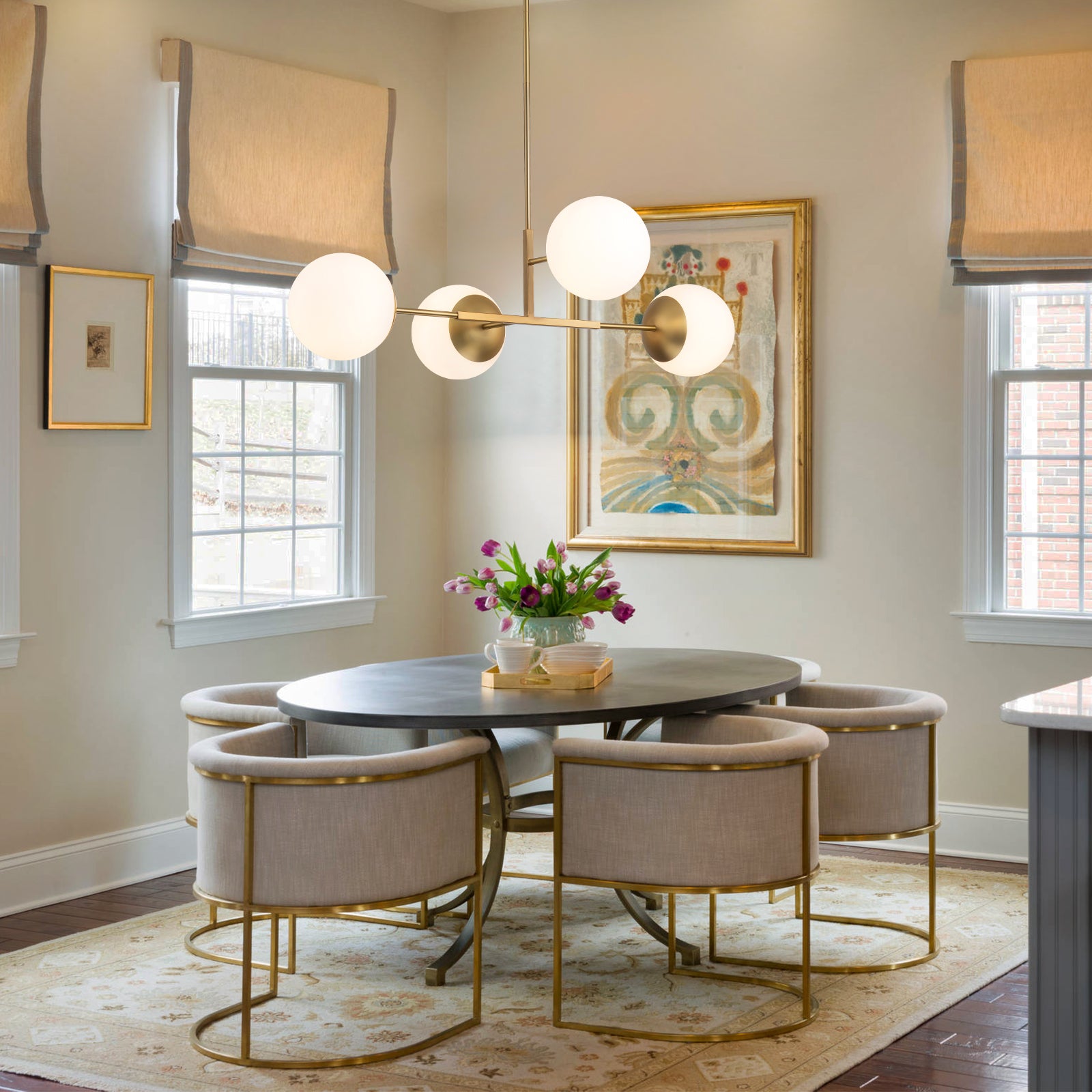 Glowlings 4-Light Modern 43"Wide Large Opal Glass Globe Brass Linear Pendant Light