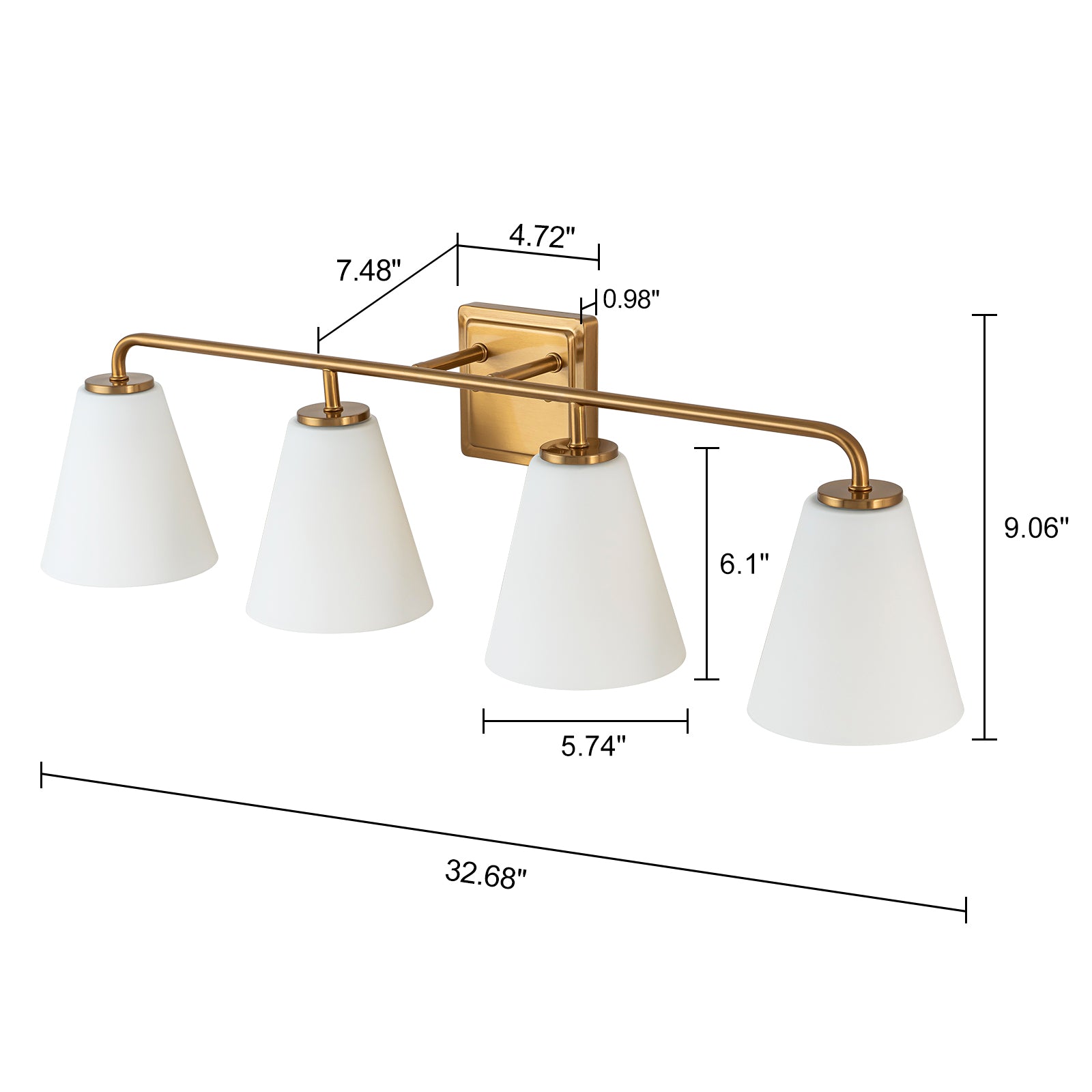 Glowlings 3/4-Light Modern Antique Brass Cone Opal Glass Bathroom Vanity Light