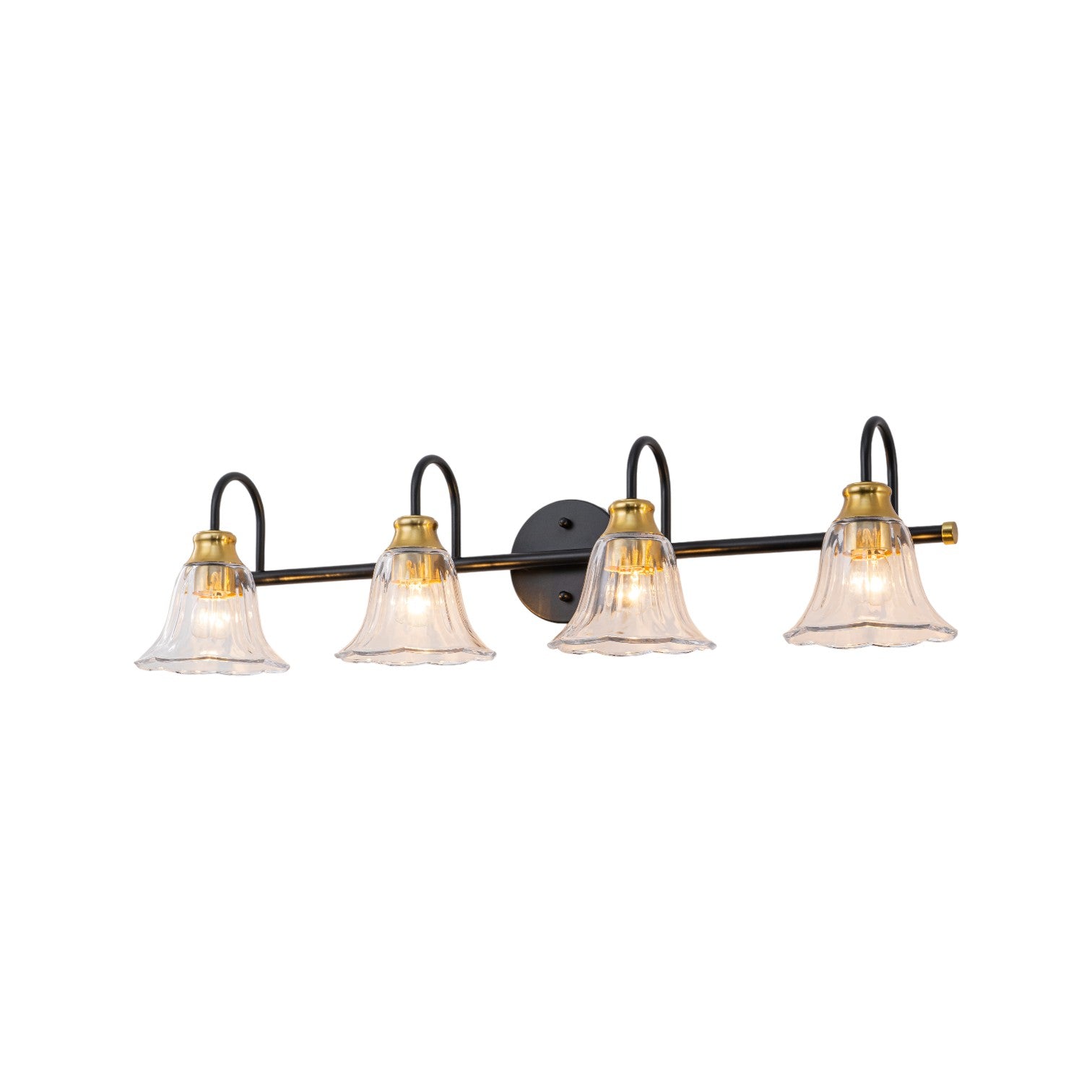 Glowlings 3/4-Light Modern Black & Gold Bathroom Vanity Light Wall Sconce with Flower Clear Glass Shades for Mirror