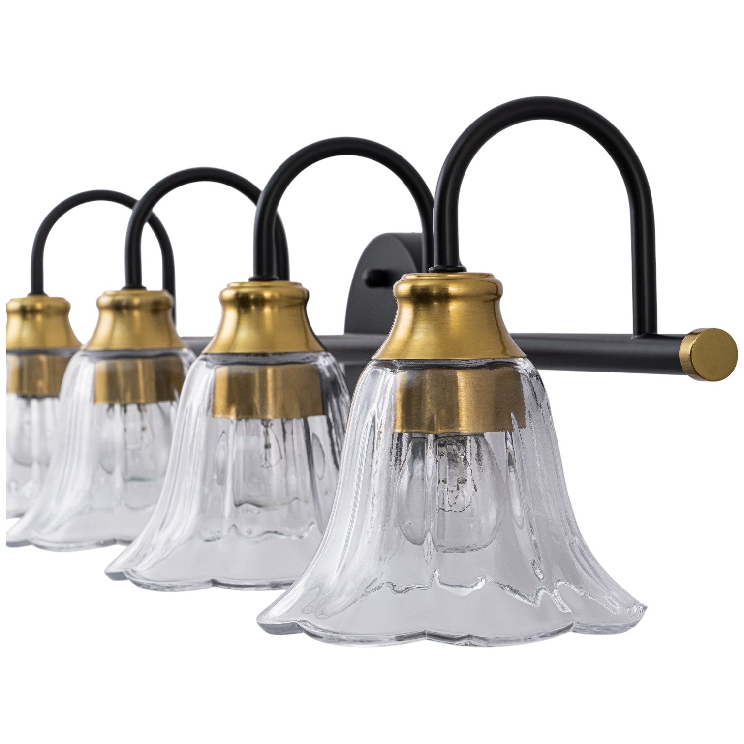 Glowlings 3/4-Light Modern Black & Gold Bathroom Vanity Light Wall Sconce with Flower Clear Glass Shades for Mirror