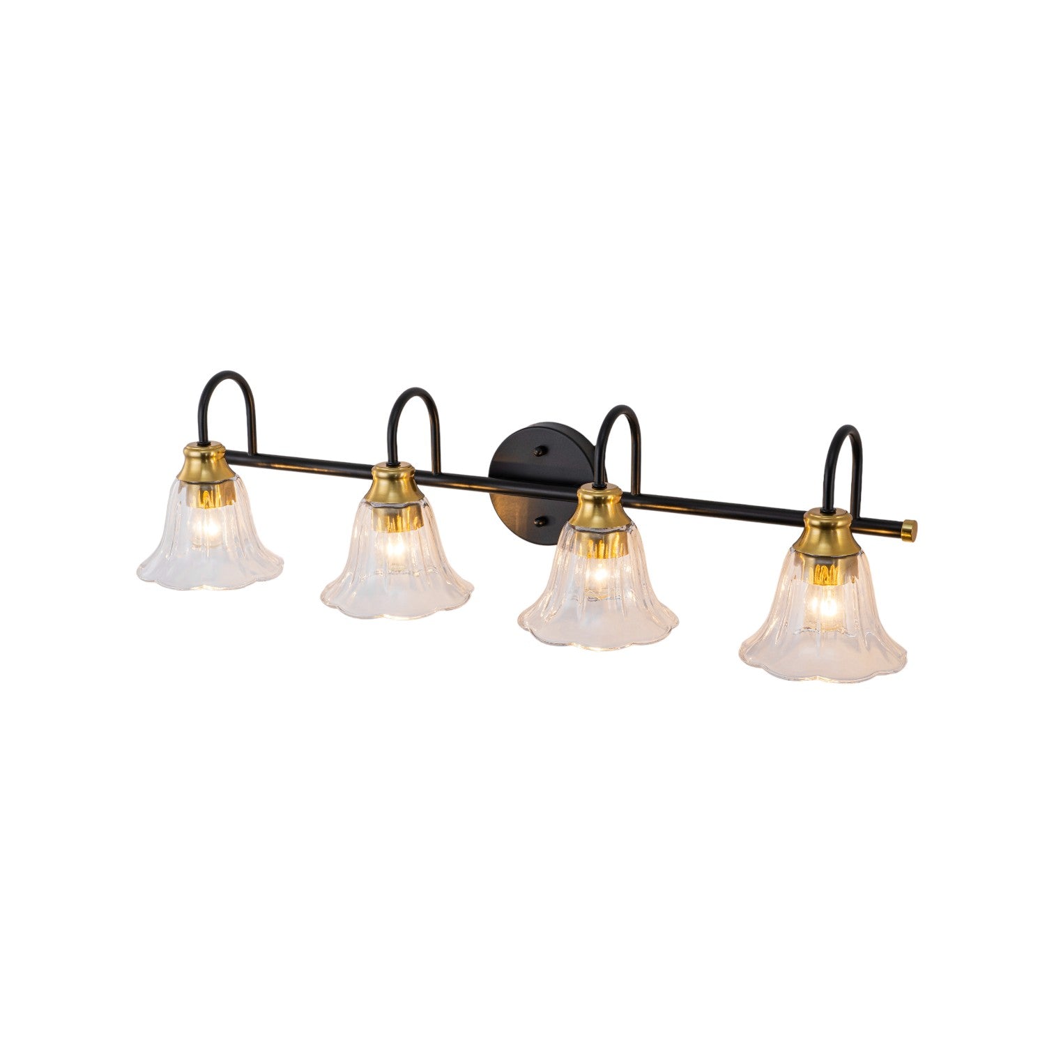 Glowlings 3/4-Light Modern Black & Gold Bathroom Vanity Light Wall Sconce with Flower Clear Glass Shades for Mirror