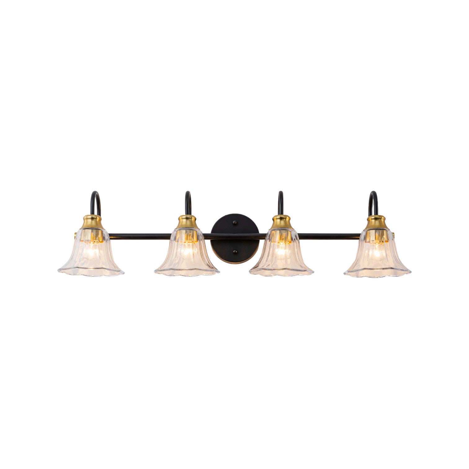 Glowlings 3/4-Light Modern Black & Gold Bathroom Vanity Light Wall Sconce with Flower Clear Glass Shades for Mirror