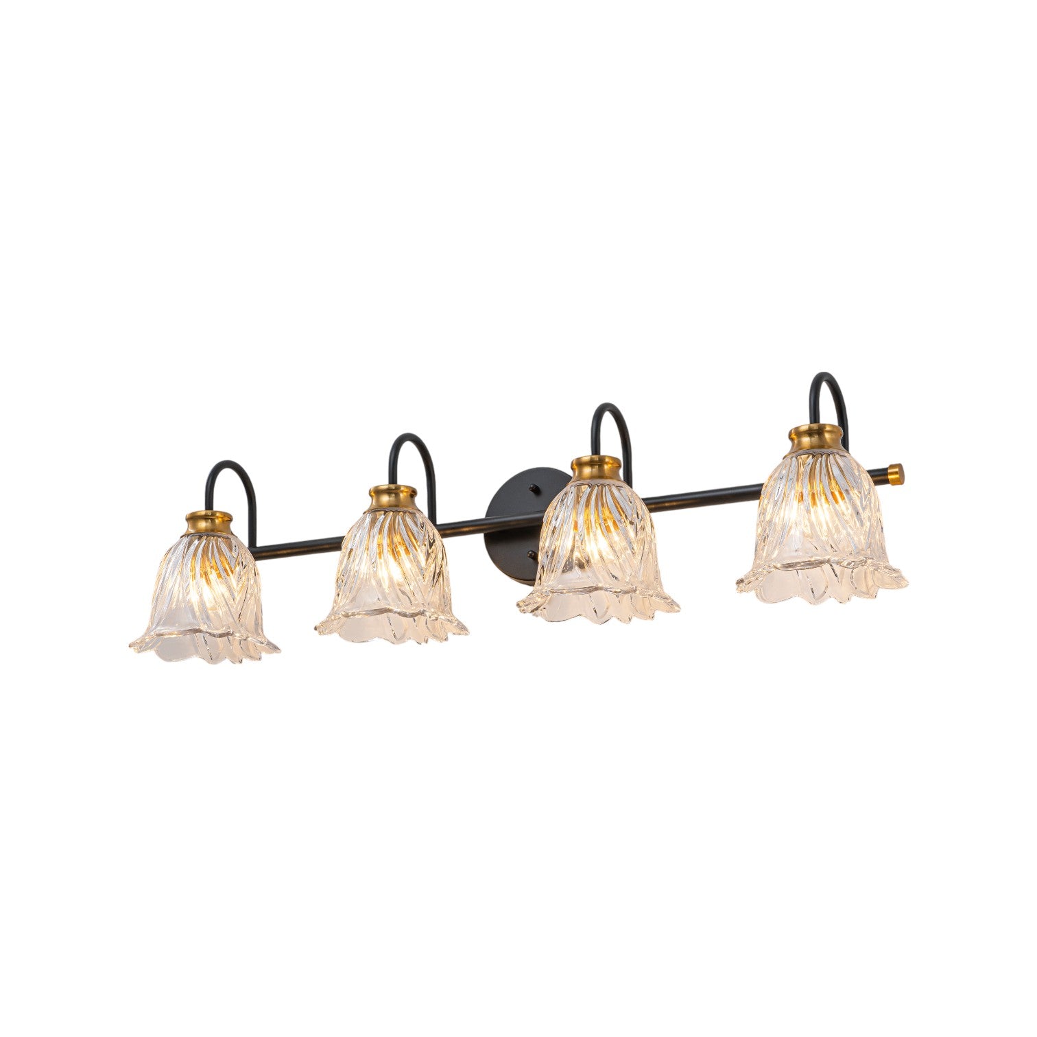 Glowlings 3/4-Light Modern Black & Gold Bathroom Vanity Light Wall Sconce with Flower Clear Glass Shades for Mirror
