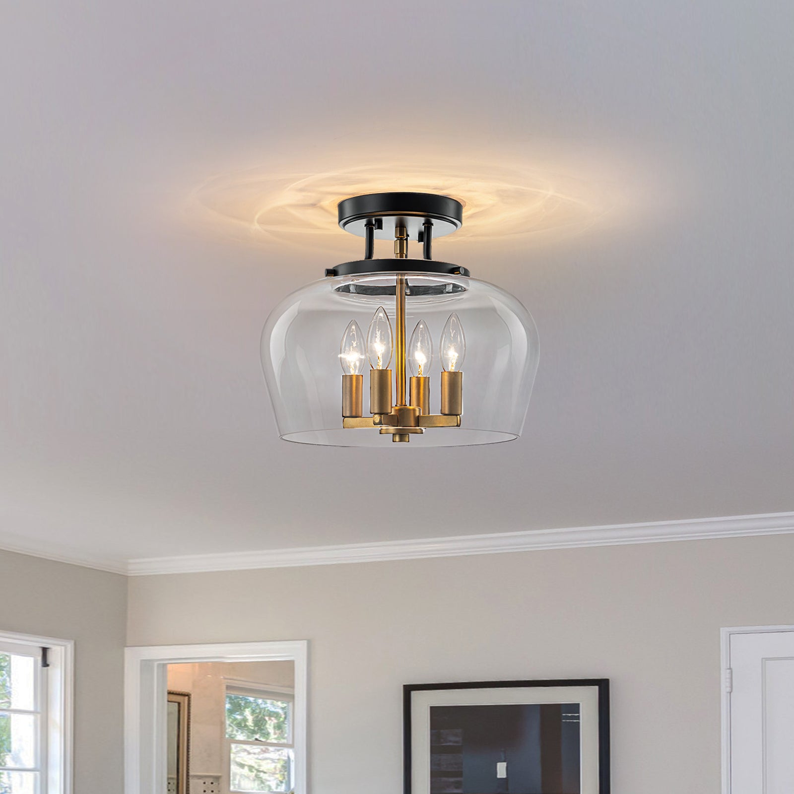 Glowlings 4-Light Modern Black Lantern Clear Glass Semi Flush Mount Ceiling Light
