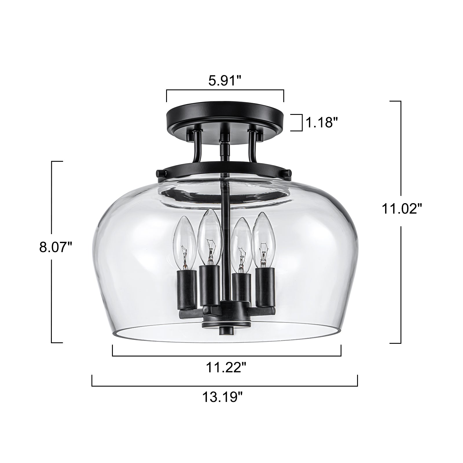 Glowlings 4-Light Modern Black Lantern Clear Glass Semi Flush Mount Ceiling Light