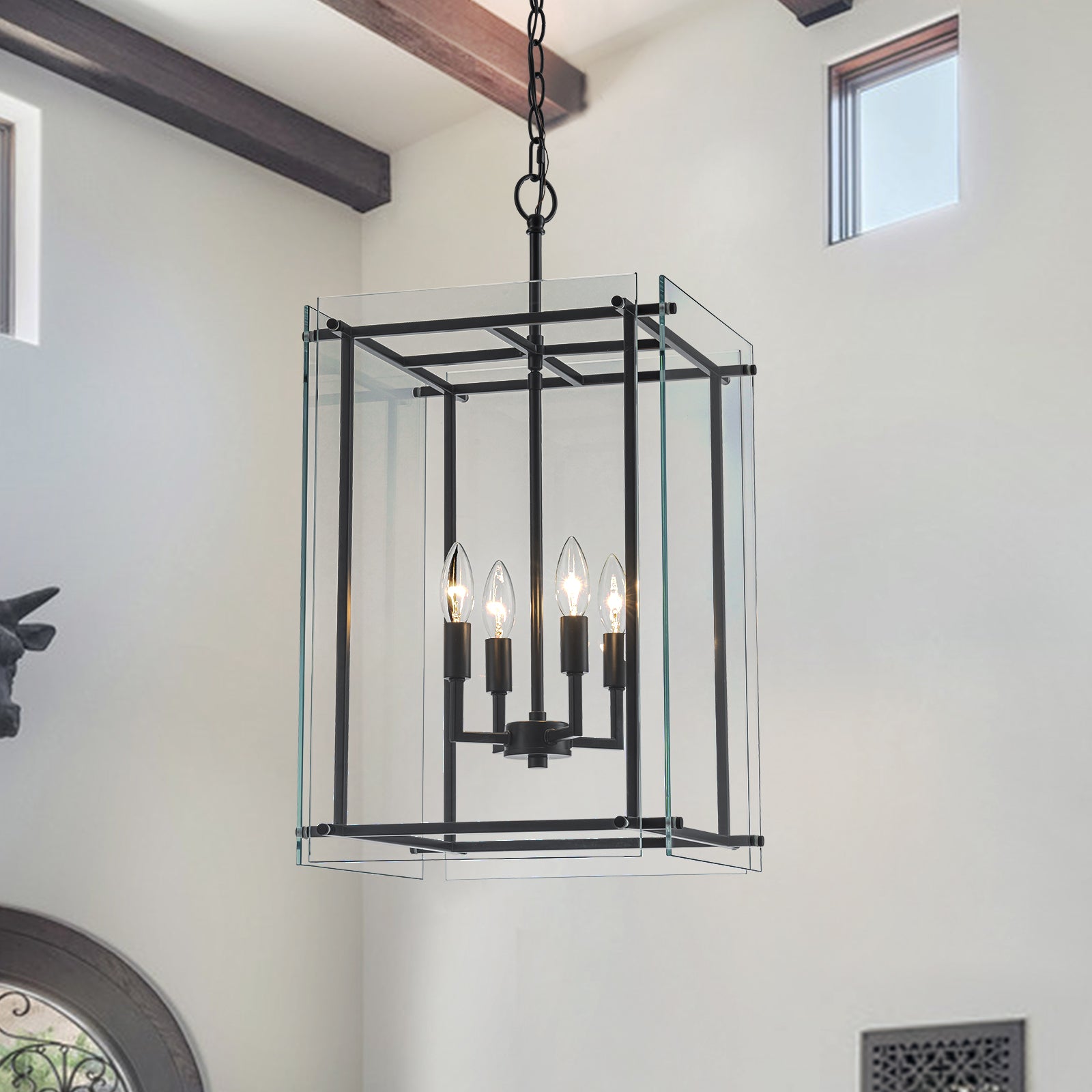 Glowlings 4-Light Modern Black Square Clear Glass Lantern Kitchen Pendant Light