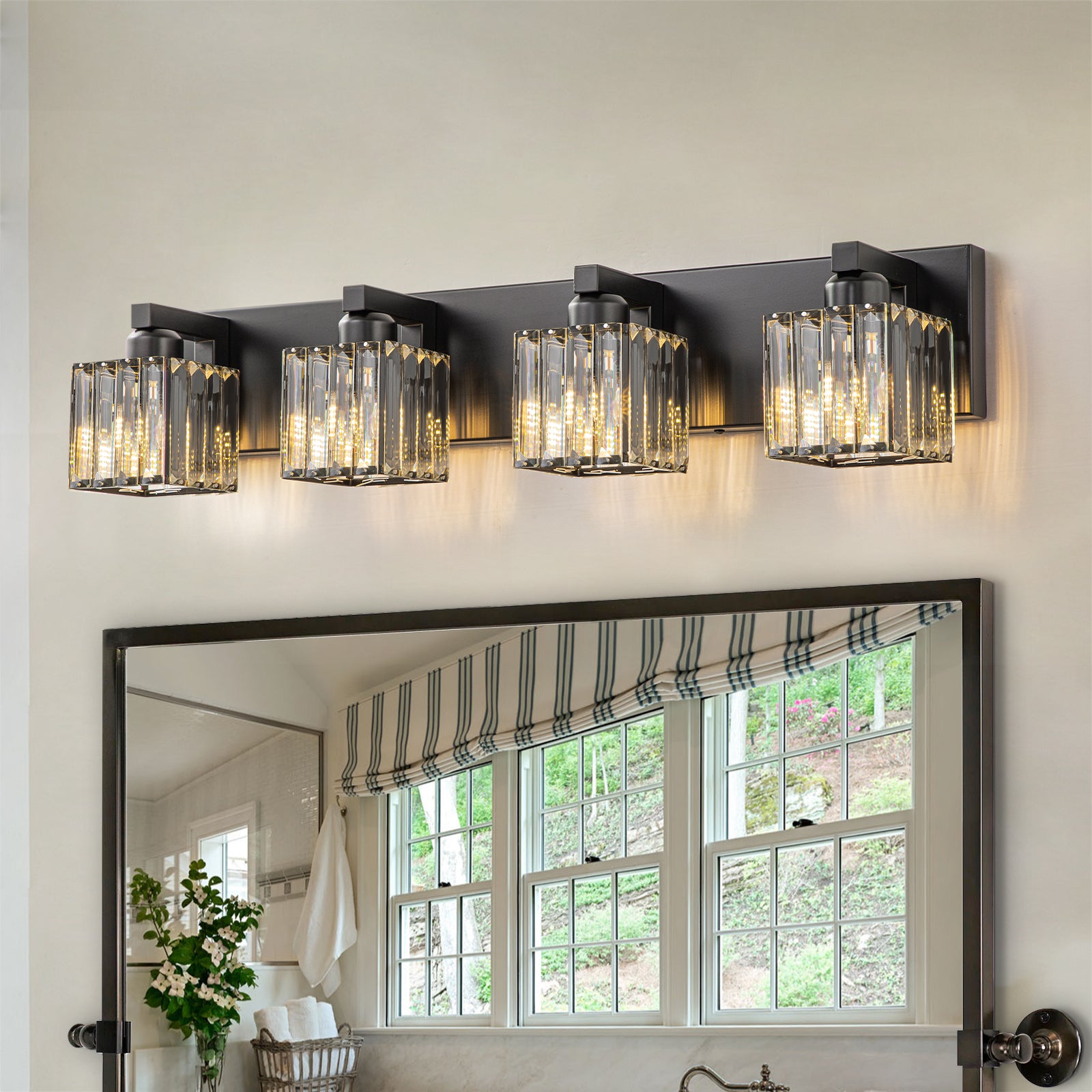 Glowlings 3/4/5-Light Modern Matte Black Square Crystal Bathroom Vanity Light Fixtures Over Mirror