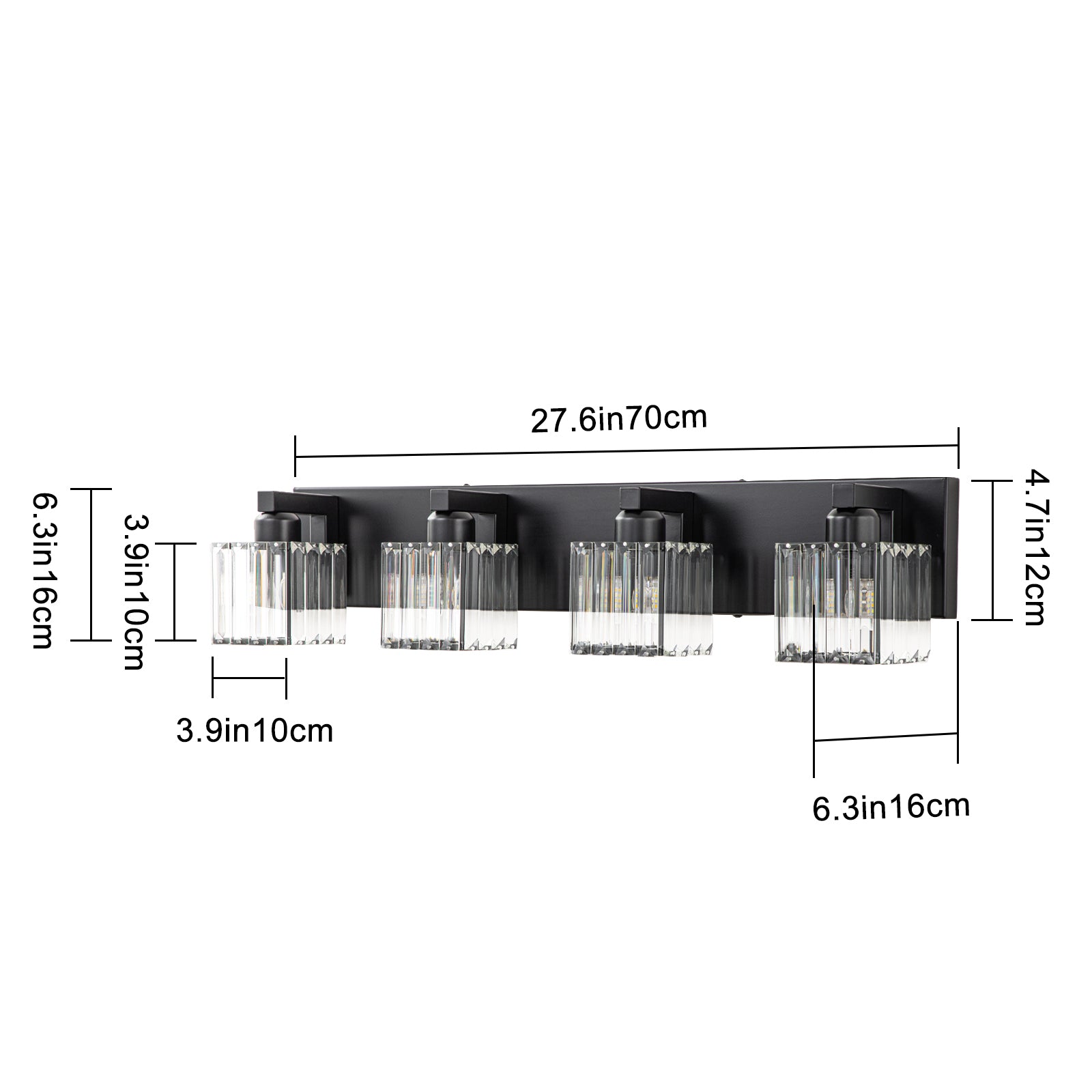 Glowlings 3/4/5-Light Modern Matte Black Square Crystal Bathroom Vanity Light Fixtures Over Mirror