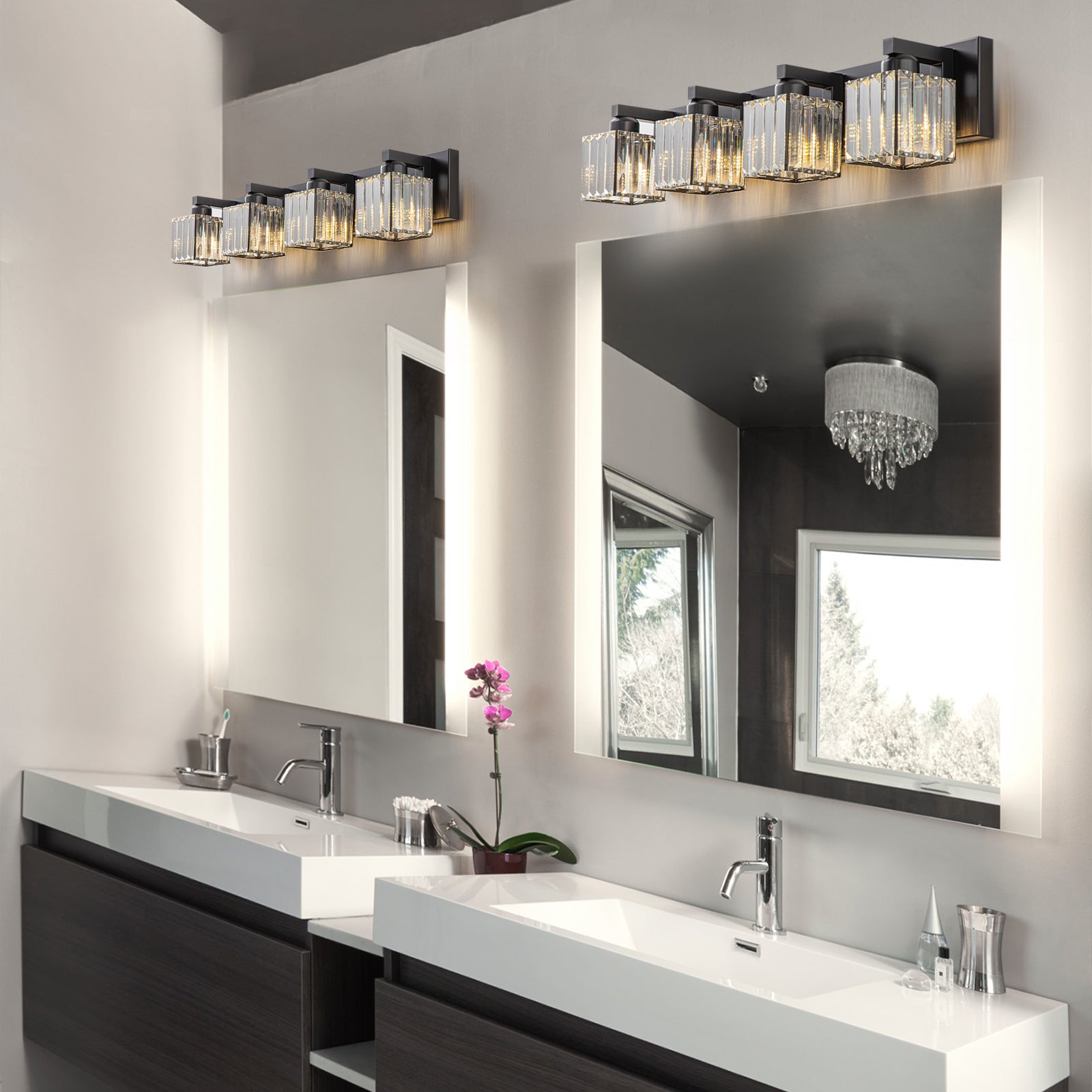 Glowlings 3/4/5-Light Modern Matte Black Square Crystal Bathroom Vanity Light Fixtures Over Mirror