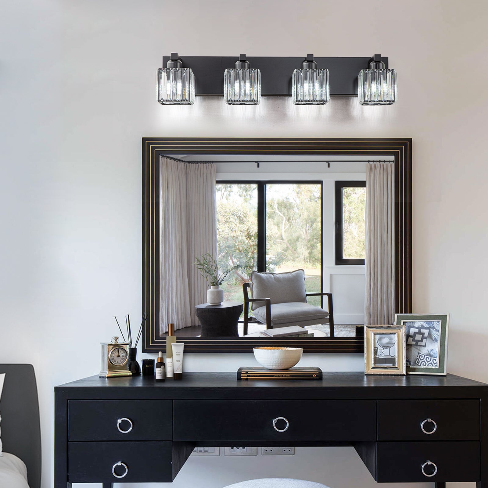 Glowlings 3/4/5-Light Modern Matte Black Square Crystal Bathroom Vanity Light Fixtures Over Mirror